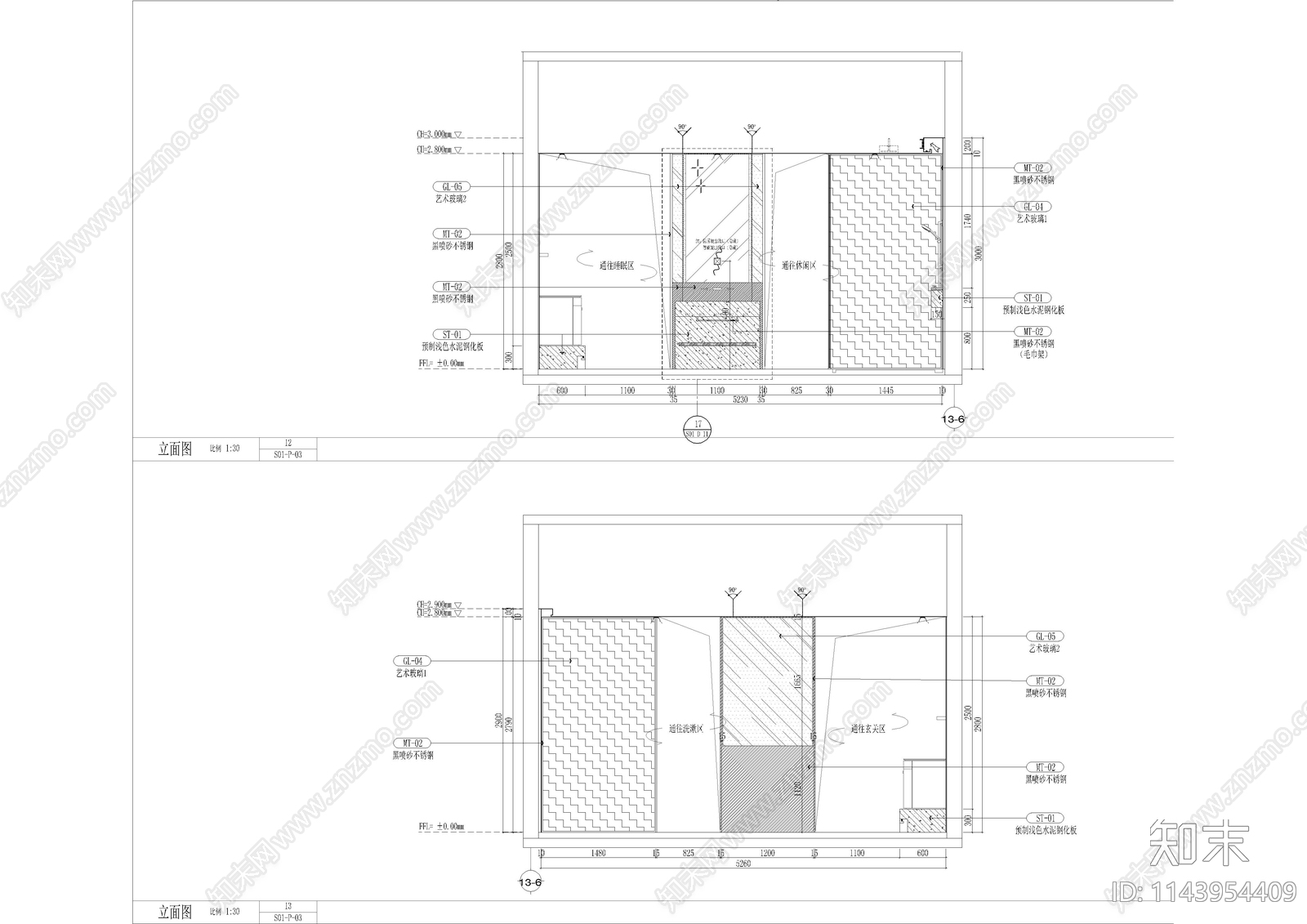 温泉酒店客房套房室内cad施工图下载【ID:1143954409】
