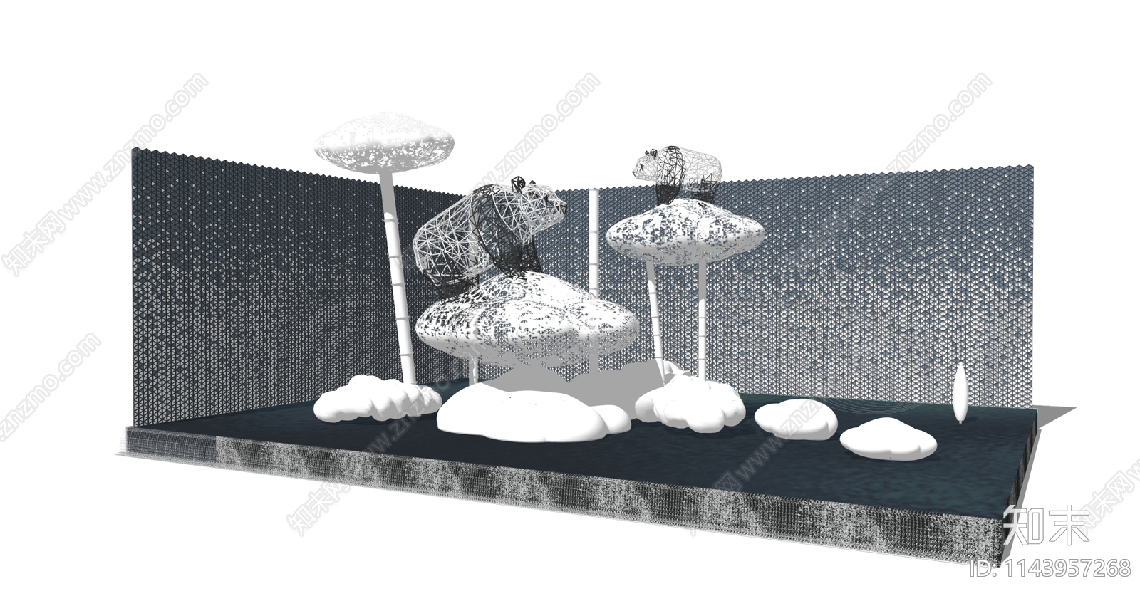 现代熊猫云多水景雕塑景墙小品SU模型下载【ID:1143957268】
