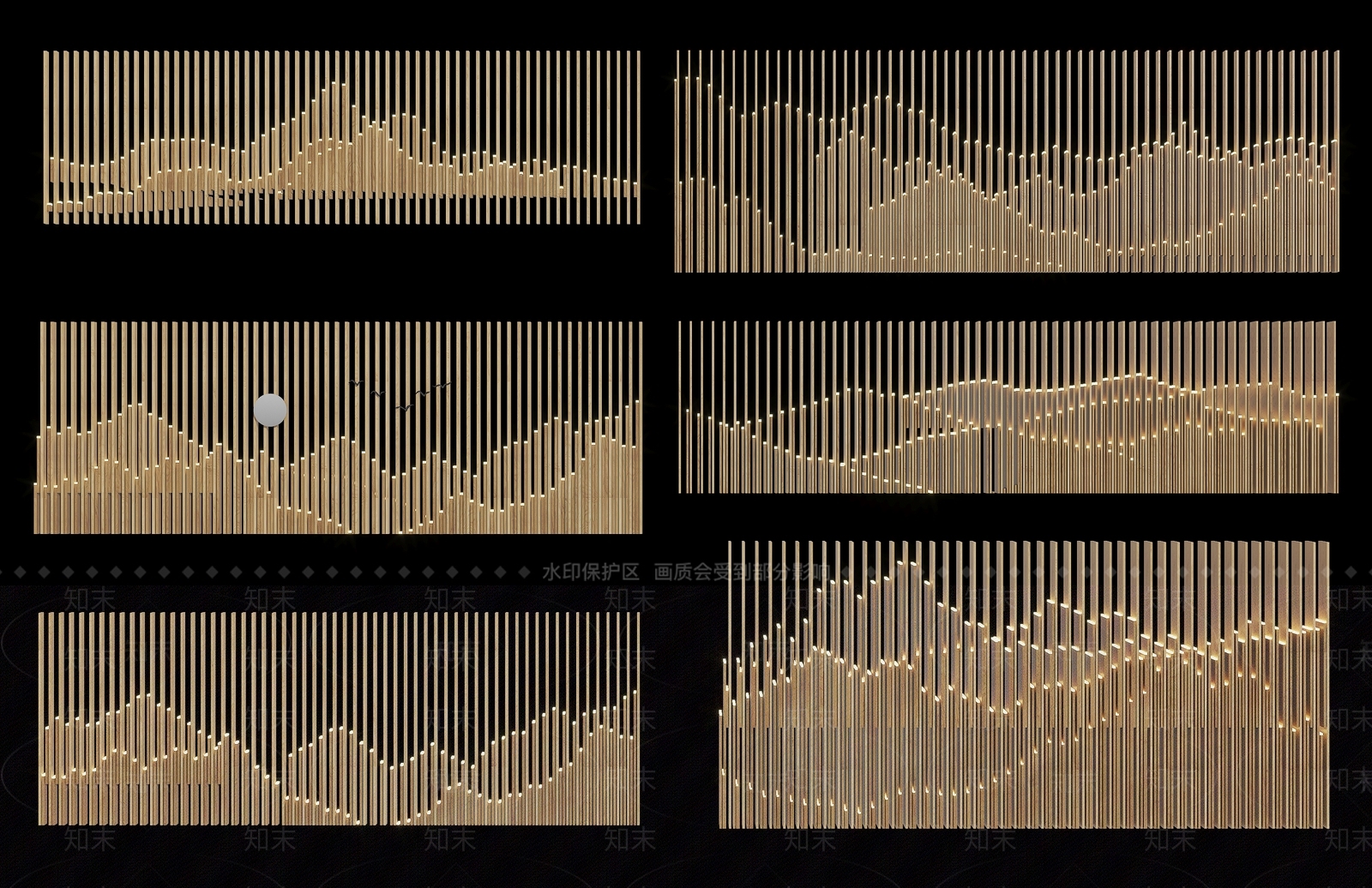 中式山水木格栅背景墙3D模型下载【ID:1143987469】
