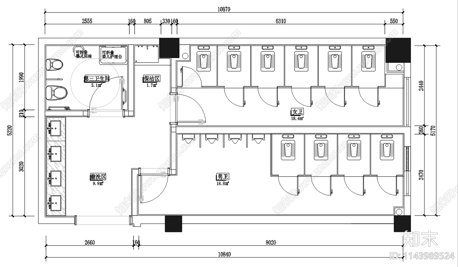 商业街公共洗手间室内施工图下载【ID:1143989524】