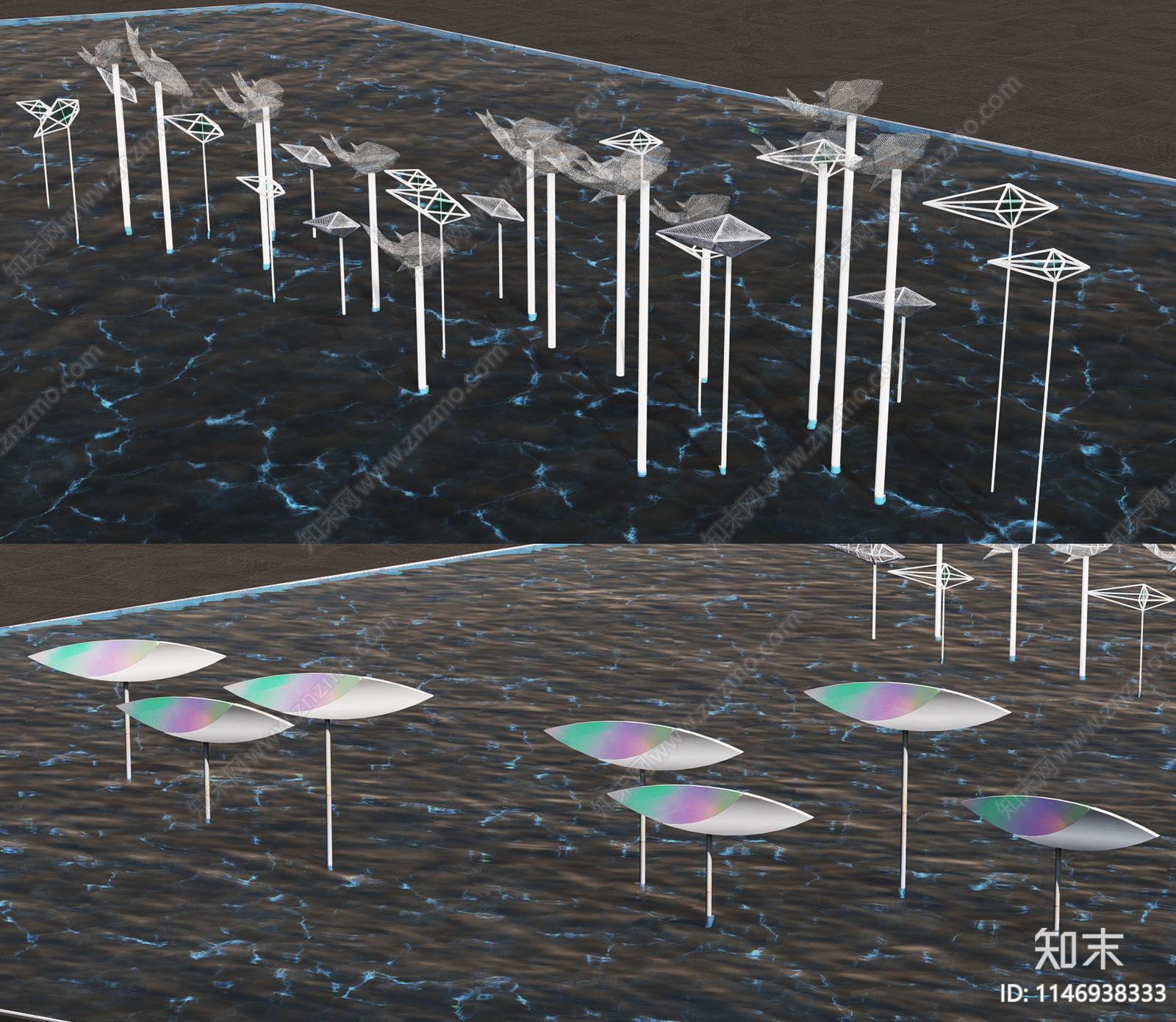 现代几何鱼群水景雕塑小品SU模型下载【ID:1146938333】