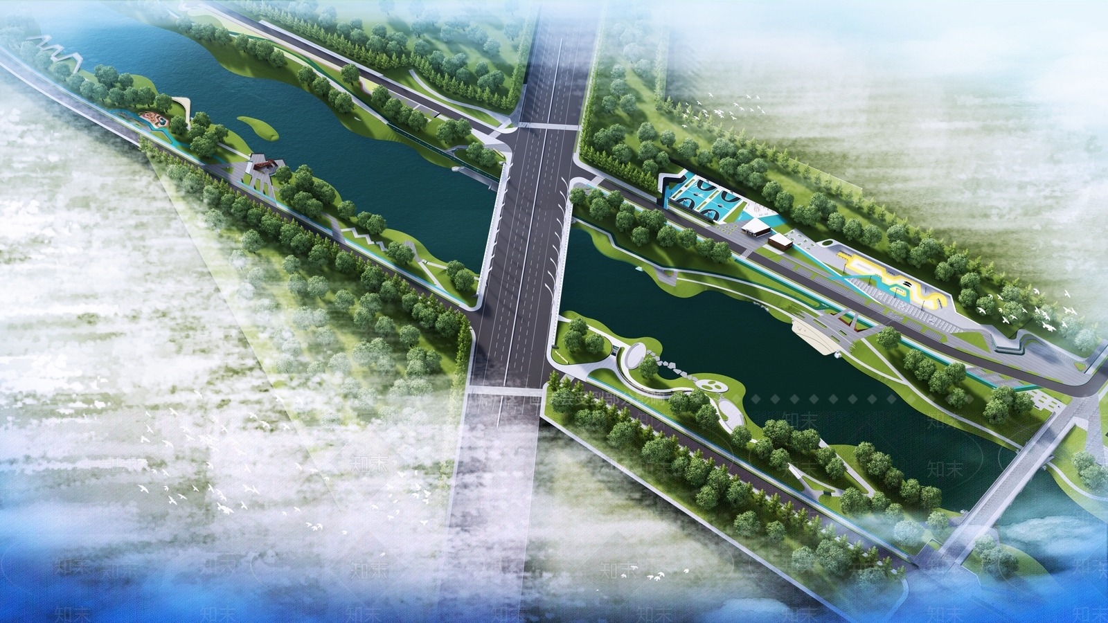 现代河道滨水景观3D模型下载【ID:1144047606】