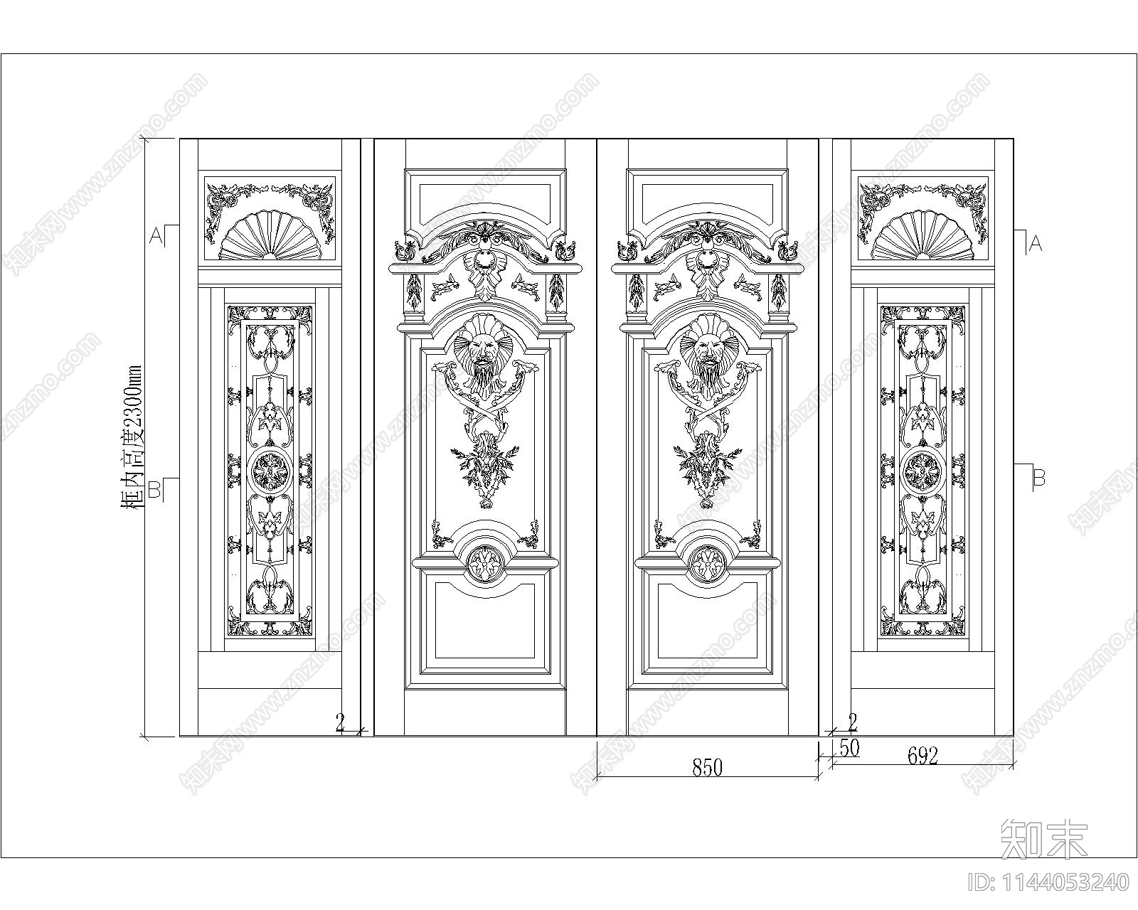 5款实木雕刻门cad施工图下载【ID:1144053240】