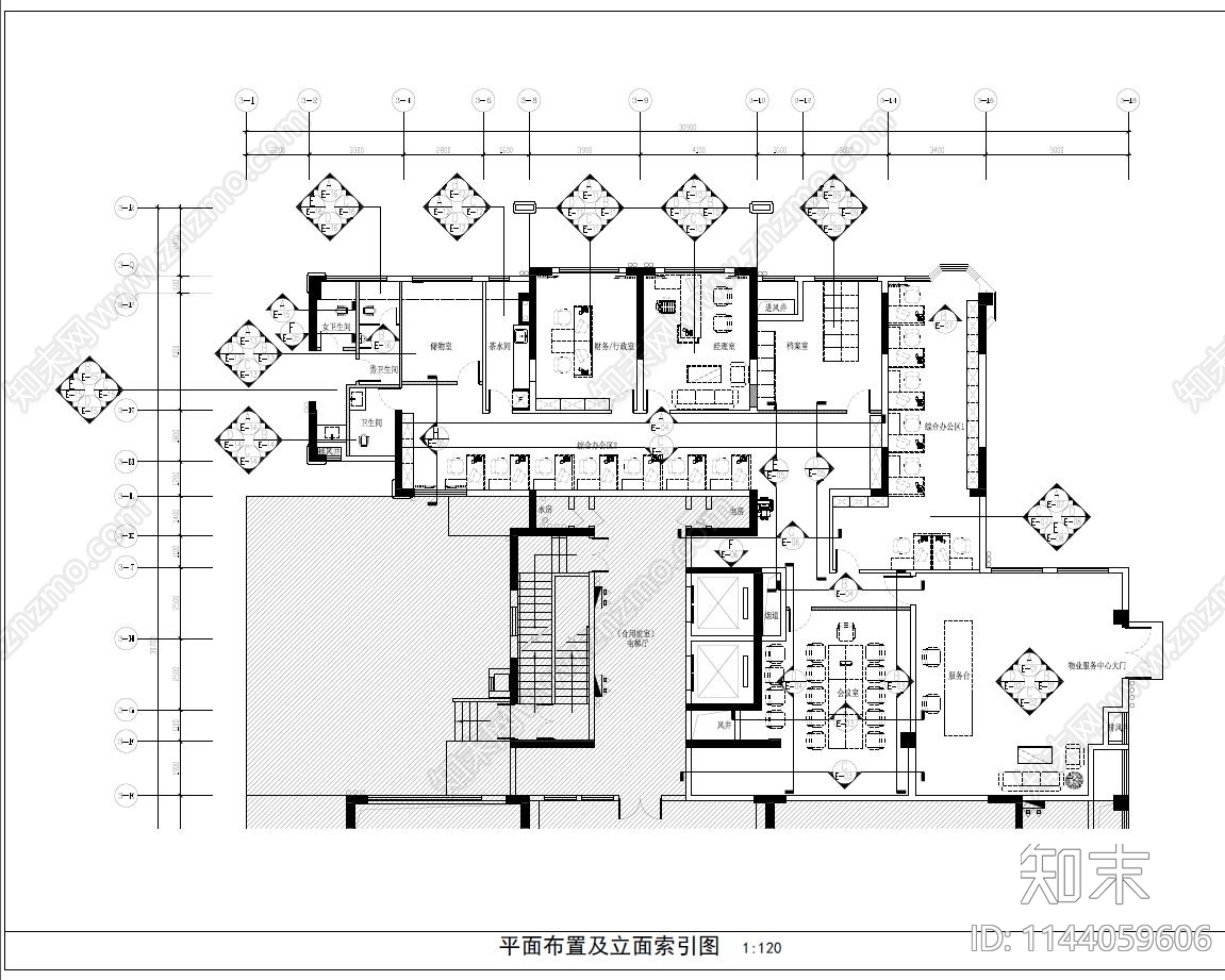 物业办公室室内装修cad施工图下载【ID:1144059606】