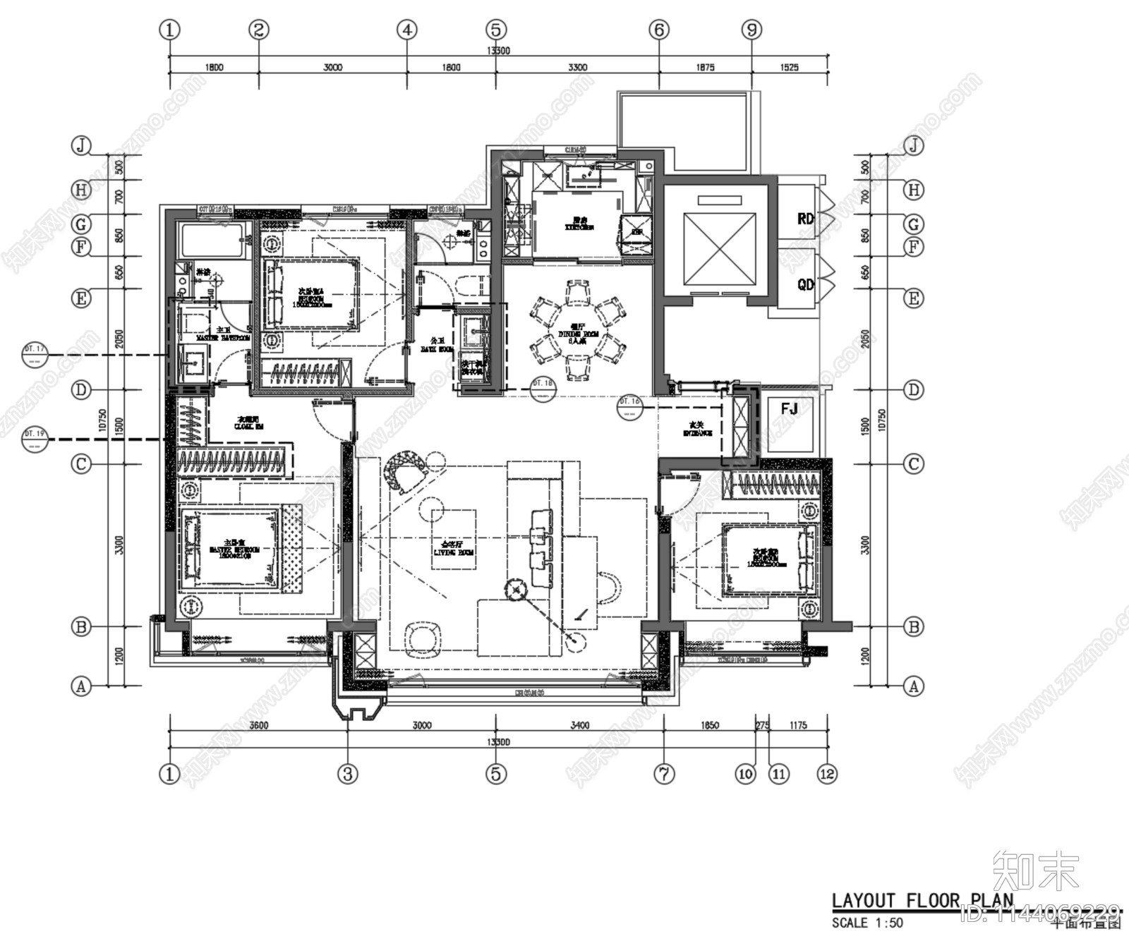 丹健国际天津招商143平层样板间cad施工图下载【ID:1144069229】