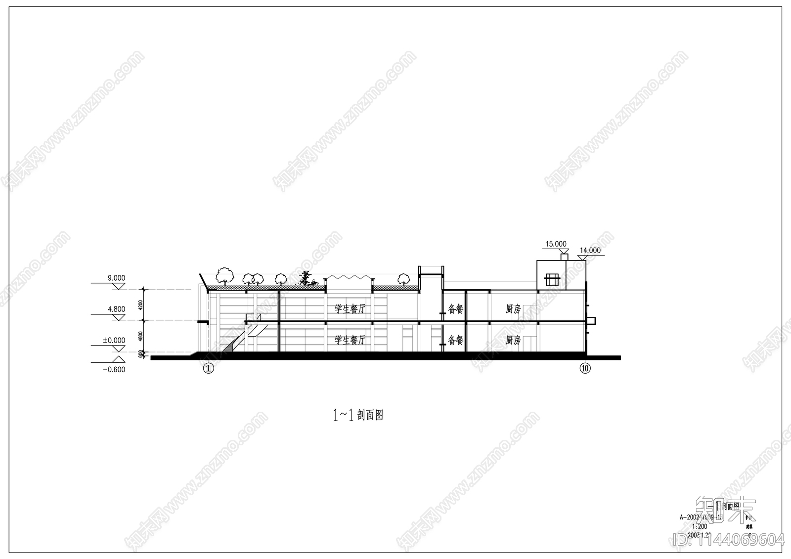 中学食堂建筑cad施工图下载【ID:1144069604】