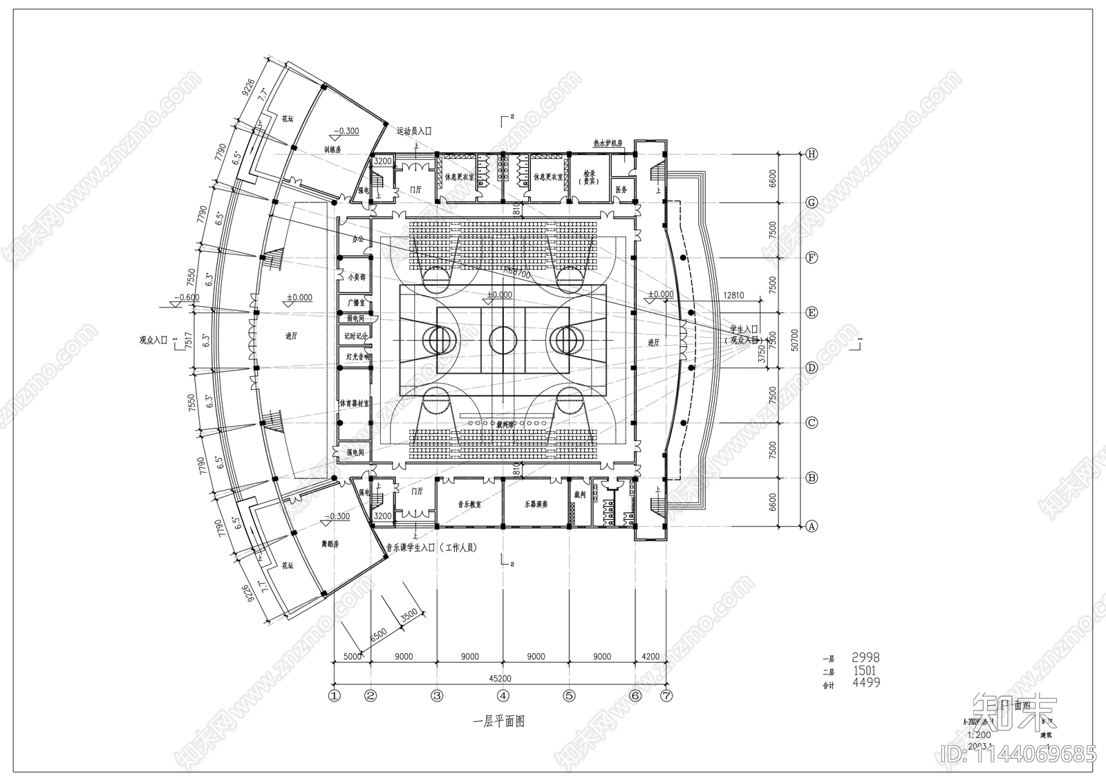 中学体育馆建筑cad施工图下载【ID:1144069685】