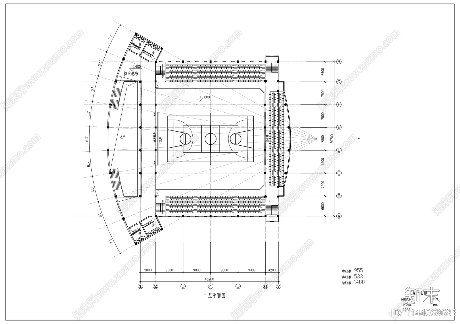 中学体育馆建筑cad施工图下载【ID:1144069685】