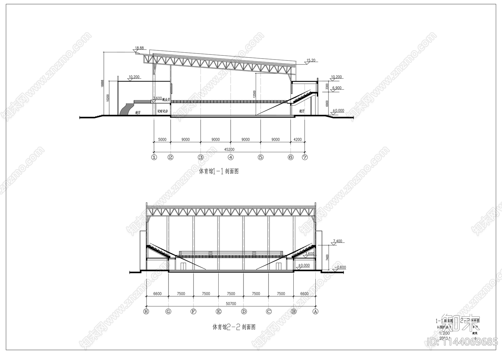 中学体育馆建筑cad施工图下载【ID:1144069685】