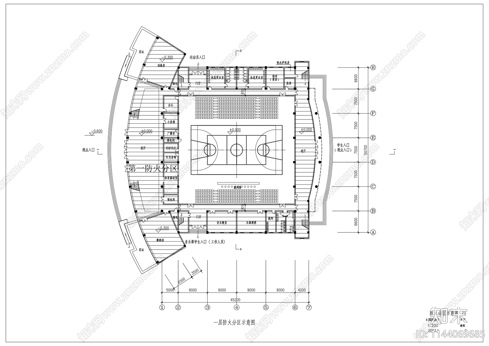 中学体育馆建筑cad施工图下载【ID:1144069685】