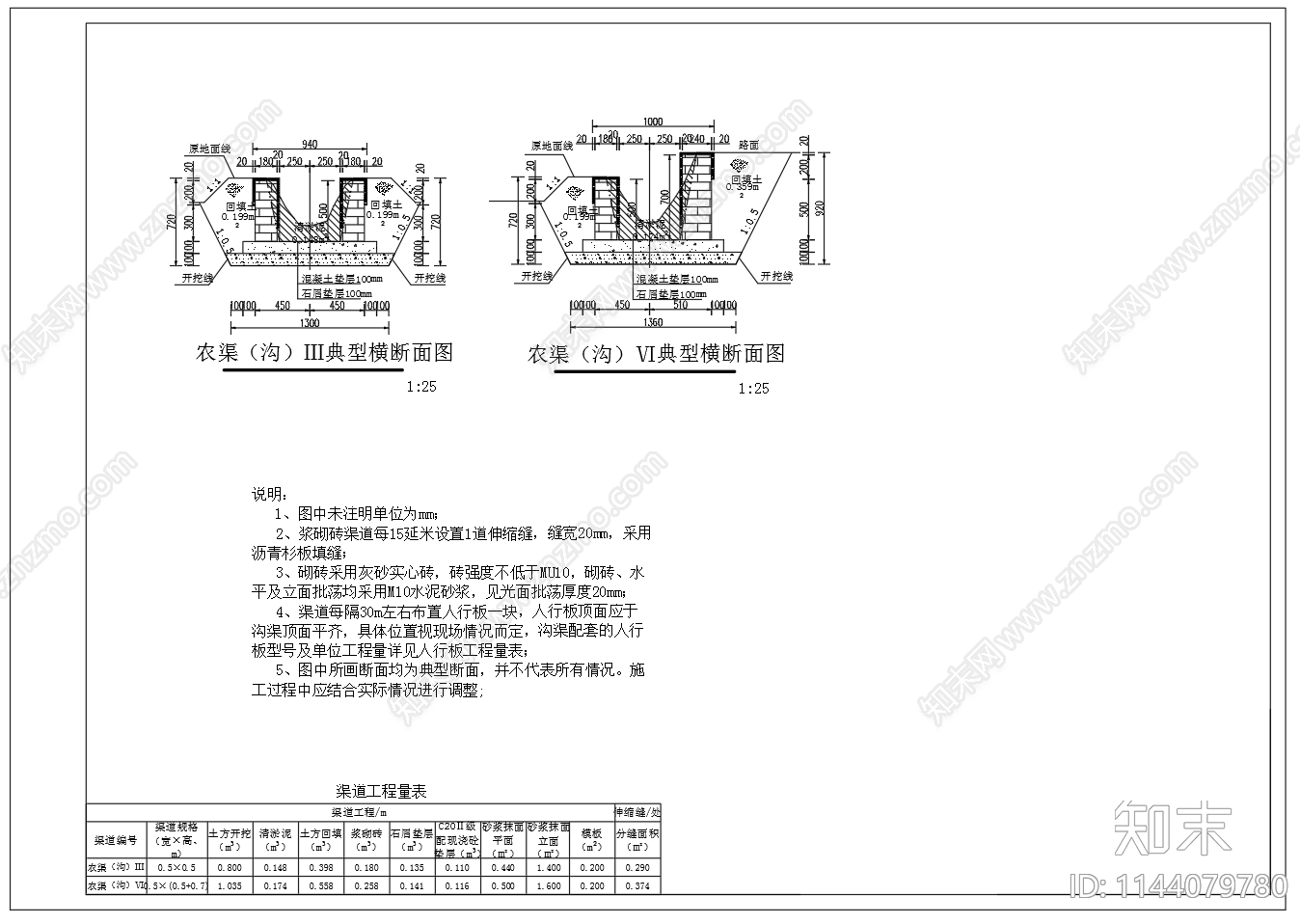 砖砌农田沟农渠道断面cad施工图下载【ID:1144079780】