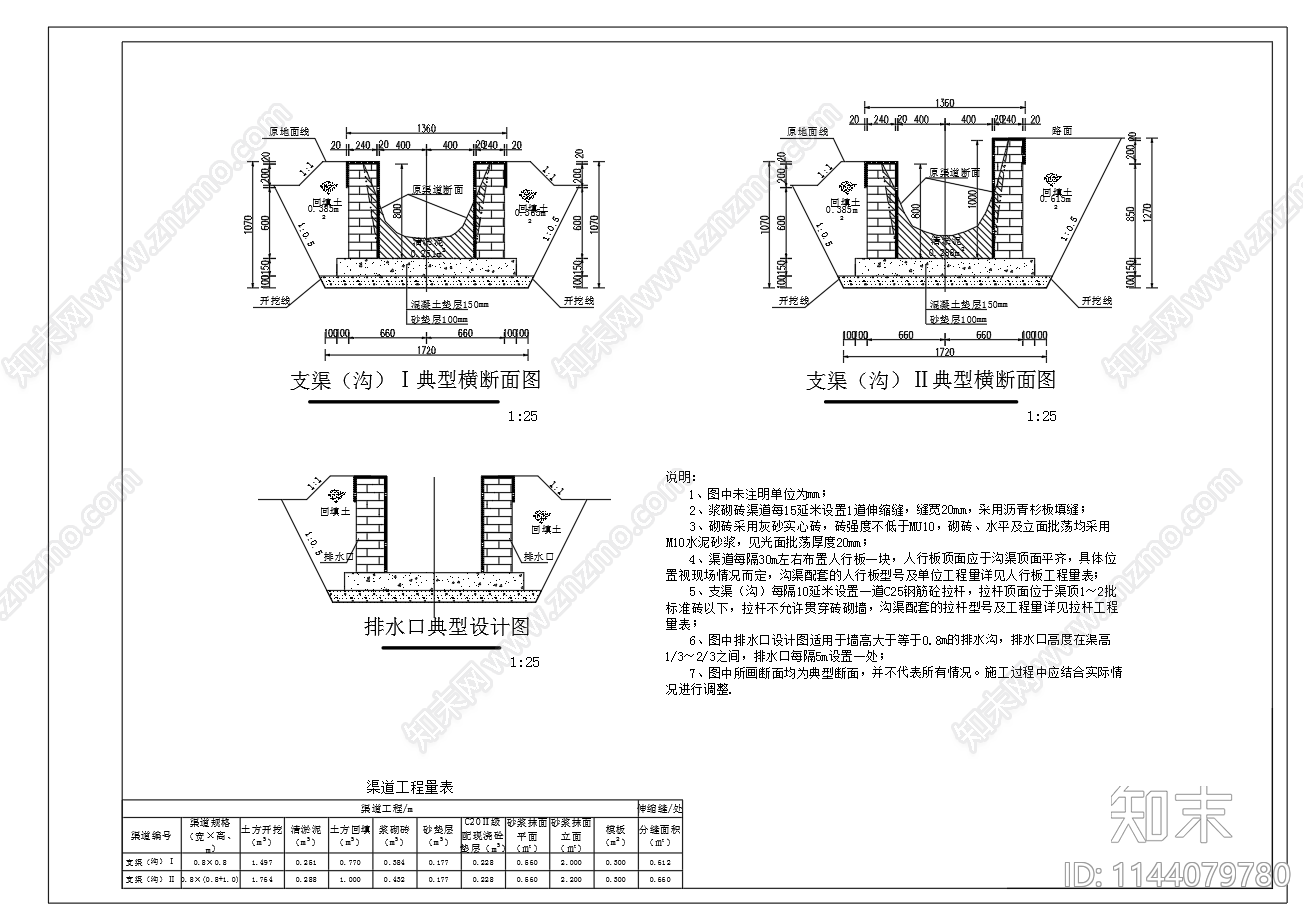 砖砌农田沟农渠道断面cad施工图下载【ID:1144079780】