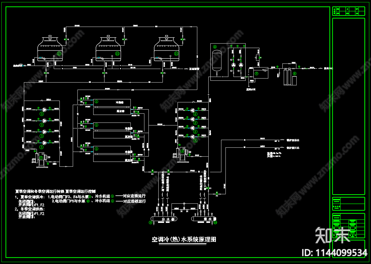 中央空调机房空调设备冷热水系统原理cad施工图下载【ID:1144099534】