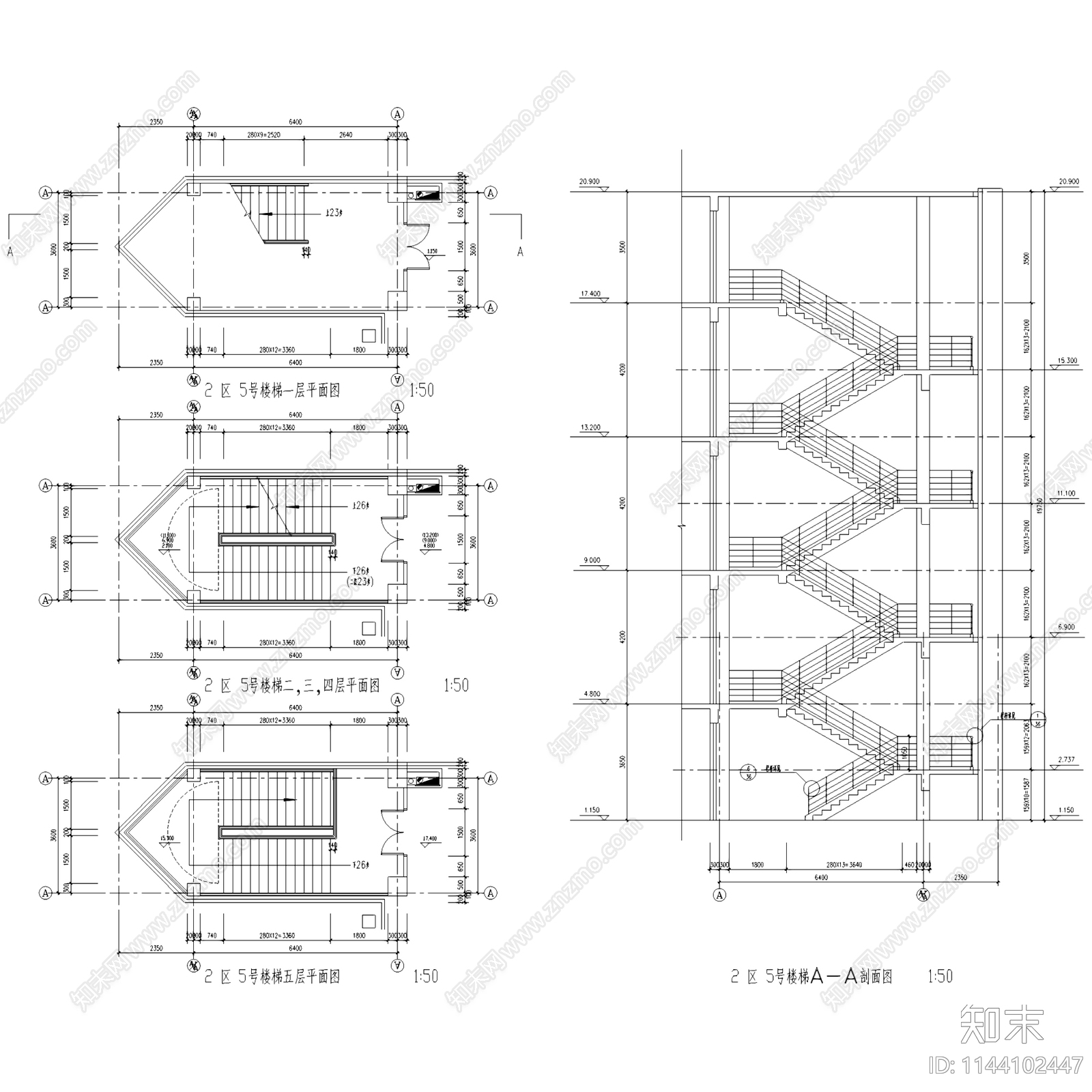 混凝土结构双折三折楼梯大样40套cad施工图下载【ID:1144102447】