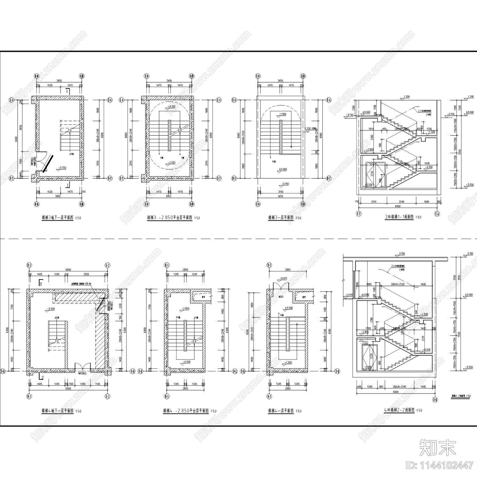 混凝土结构双折三折楼梯大样40套cad施工图下载【ID:1144102447】