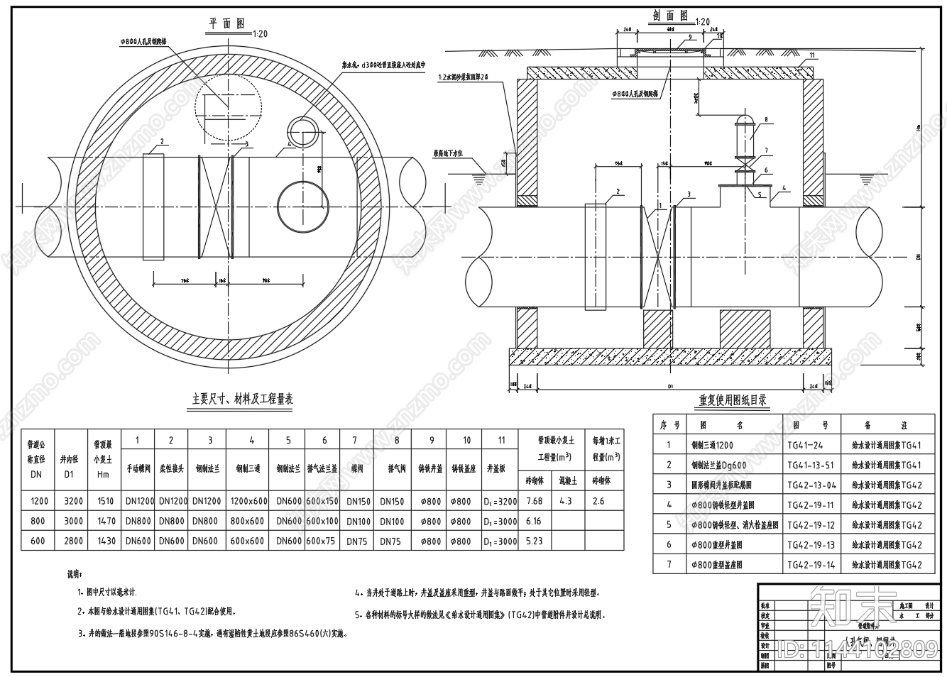给水工程管道附件井cad施工图下载【ID:1144102809】
