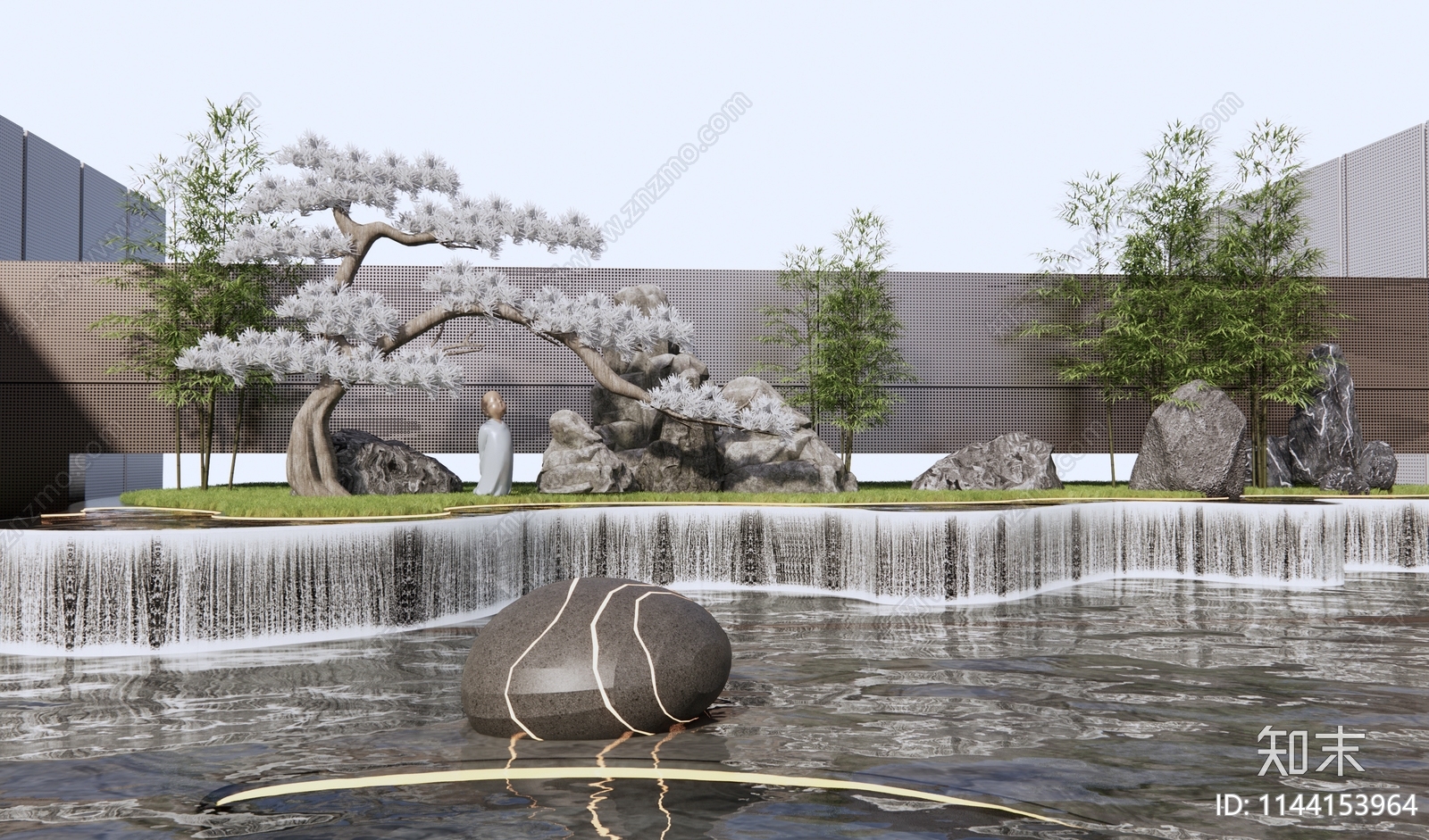 新中式景墙水景3D模型下载【ID:1144153964】