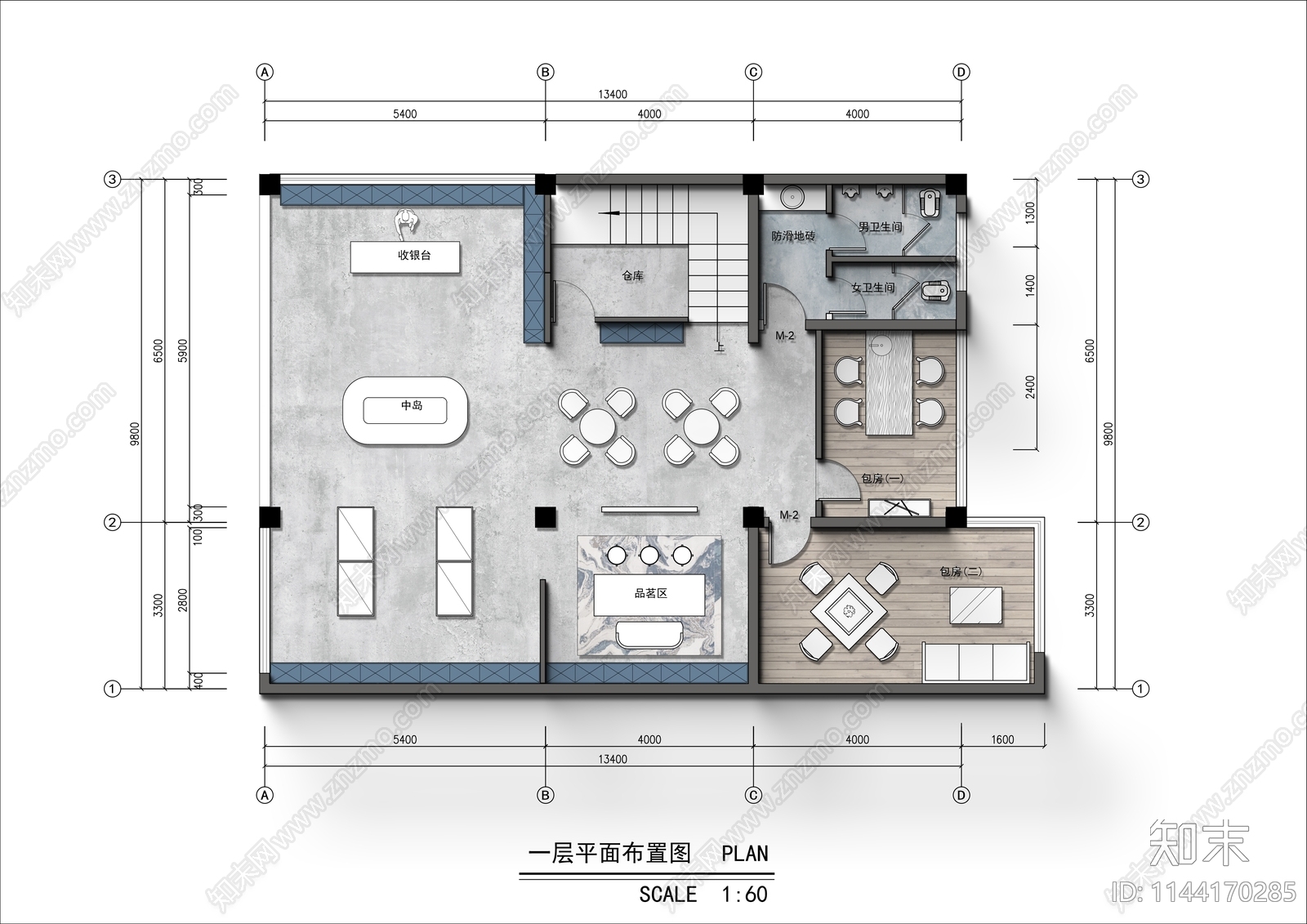 260㎡茶叶店棋牌室平面布置图施工图下载【ID:1144170285】