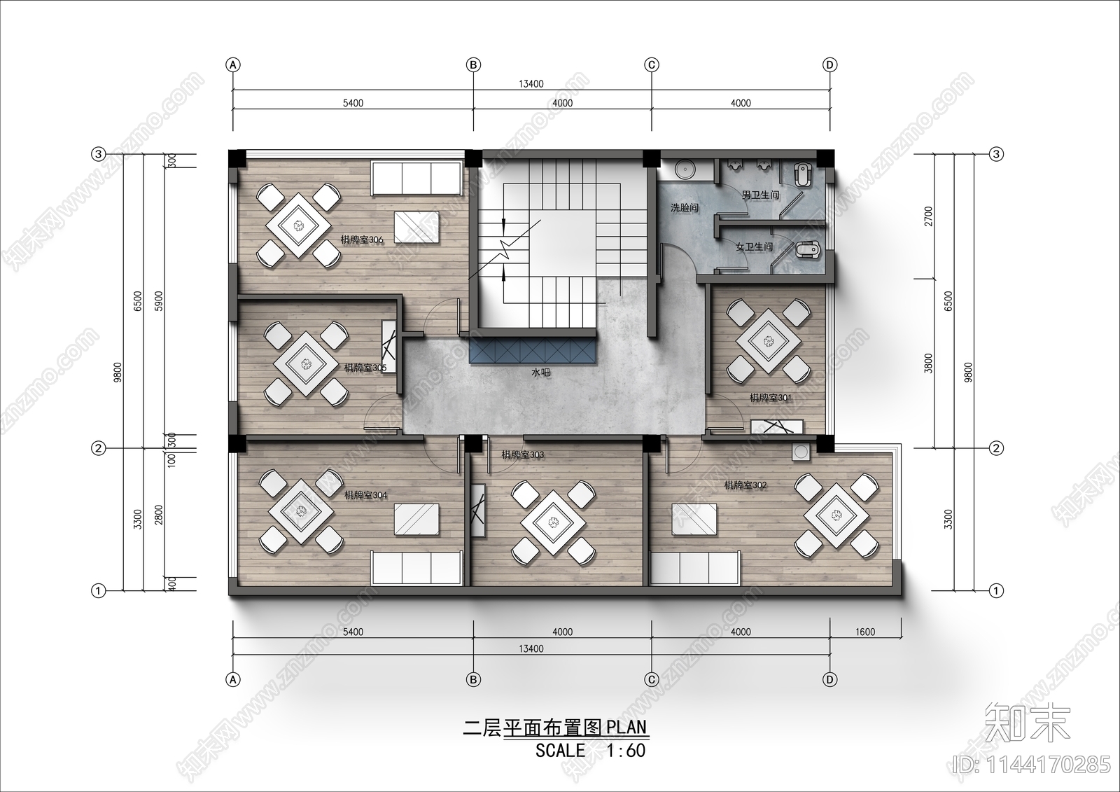 260㎡茶叶店棋牌室平面布置图施工图下载【ID:1144170285】