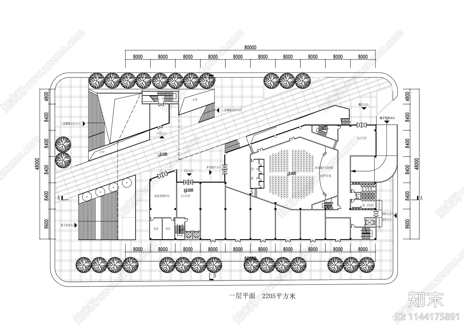 大学生活动中心建筑cad施工图下载【ID:1144175891】