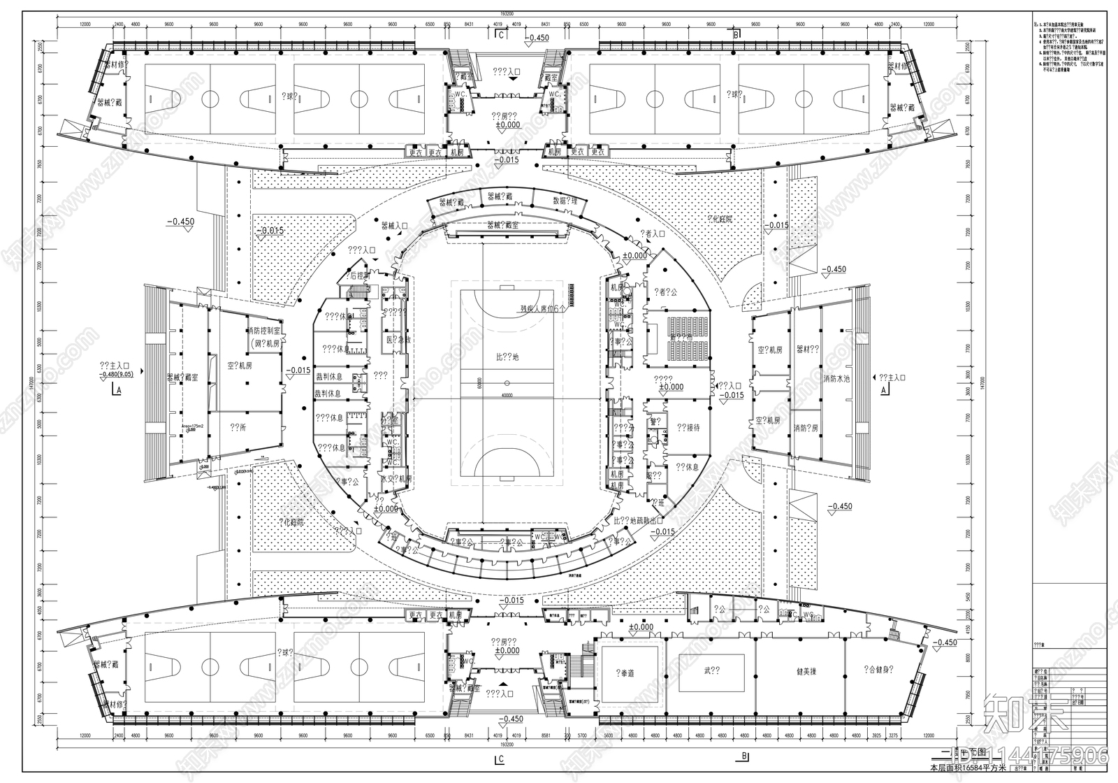 九龙湖体育馆建筑cad施工图下载【ID:1144175906】