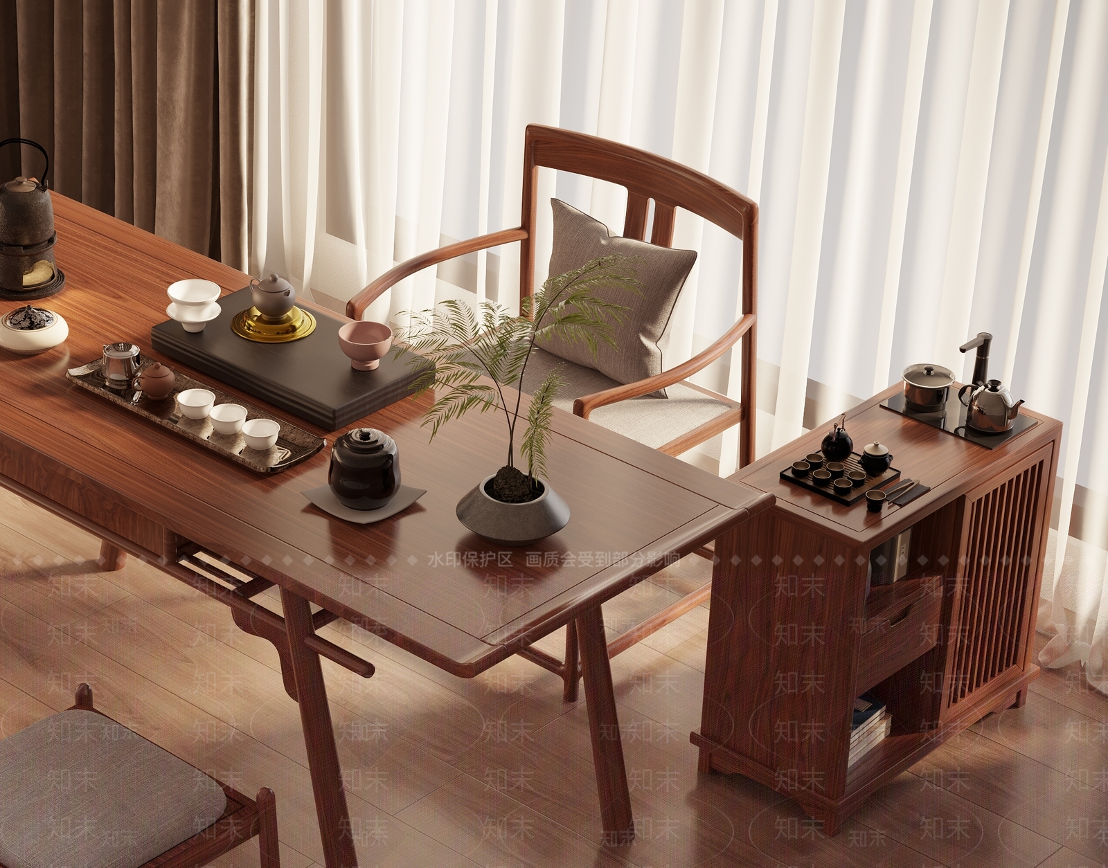 新中式茶桌椅组合3D模型下载【ID:1144177352】