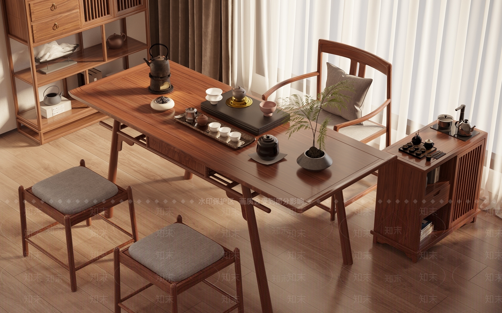 新中式茶桌椅组合3D模型下载【ID:1144177352】