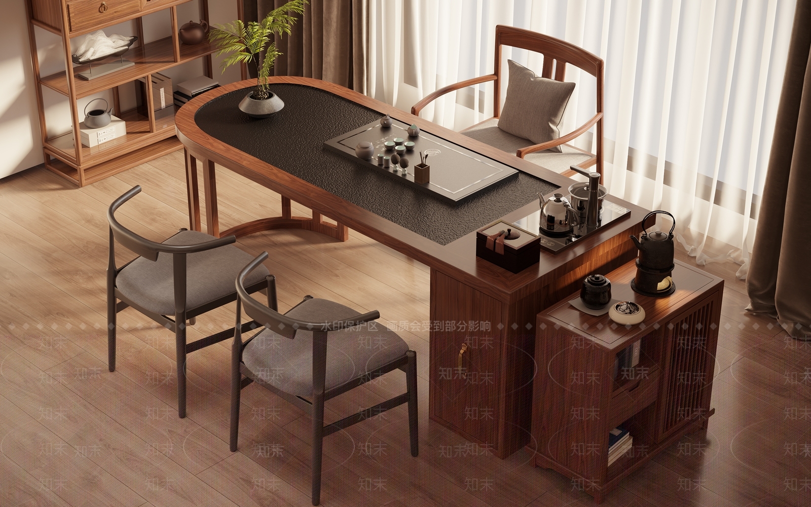 新中式茶桌椅组合3D模型下载【ID:1144177482】