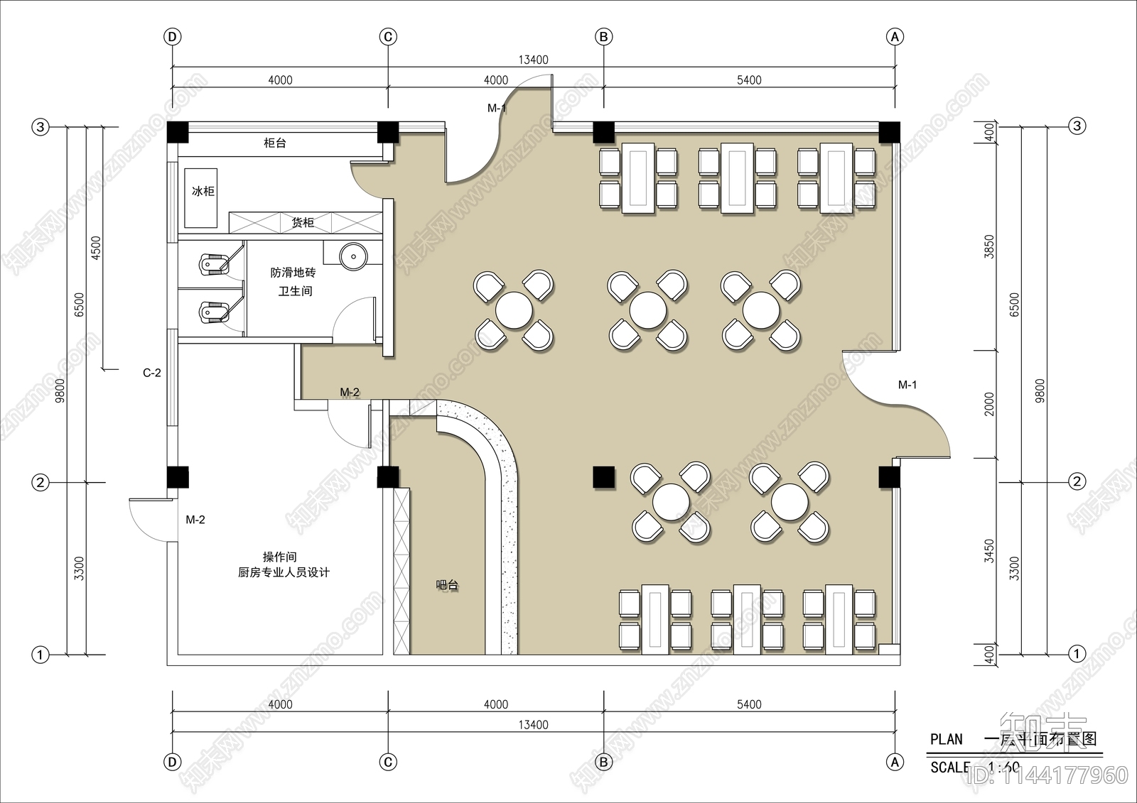 100㎡咖啡馆平面布置图施工图下载【ID:1144177960】