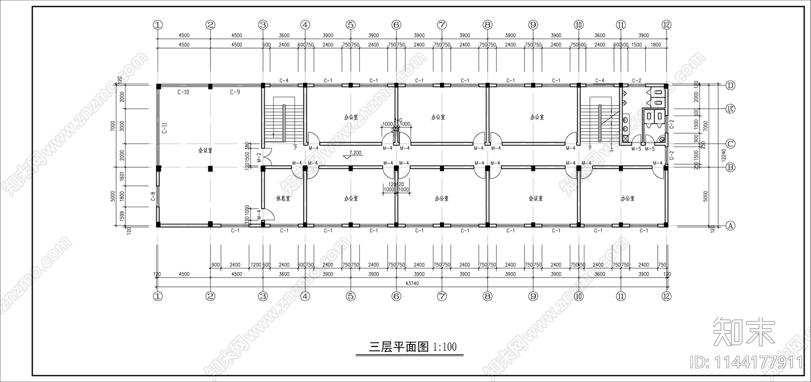 3层化工公司厂区办公楼建筑cad施工图下载【ID:1144177911】