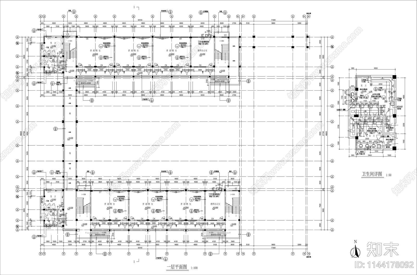 某中学教学楼建筑cad施工图下载【ID:1144178092】