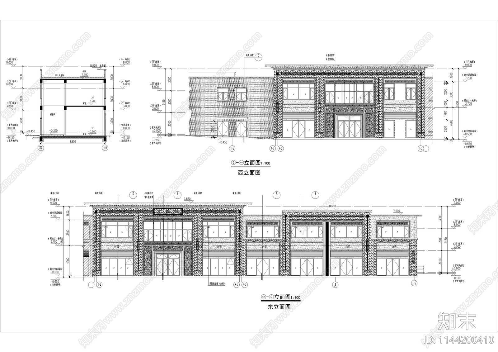 小区入口及配套商业楼建筑cad施工图下载【ID:1144200410】