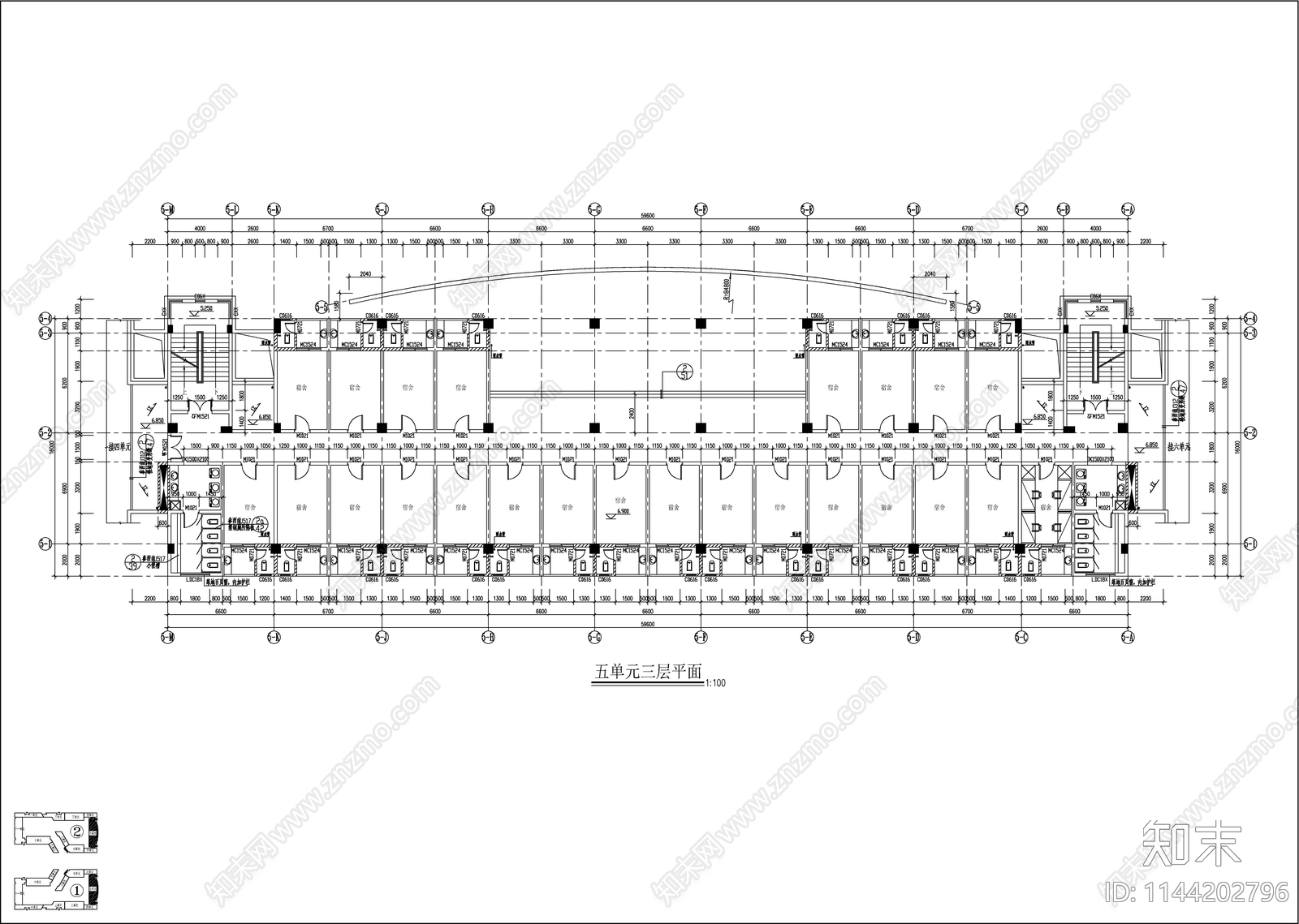 某大学学生宿舍楼建筑平面图cad施工图下载【ID:1144202796】