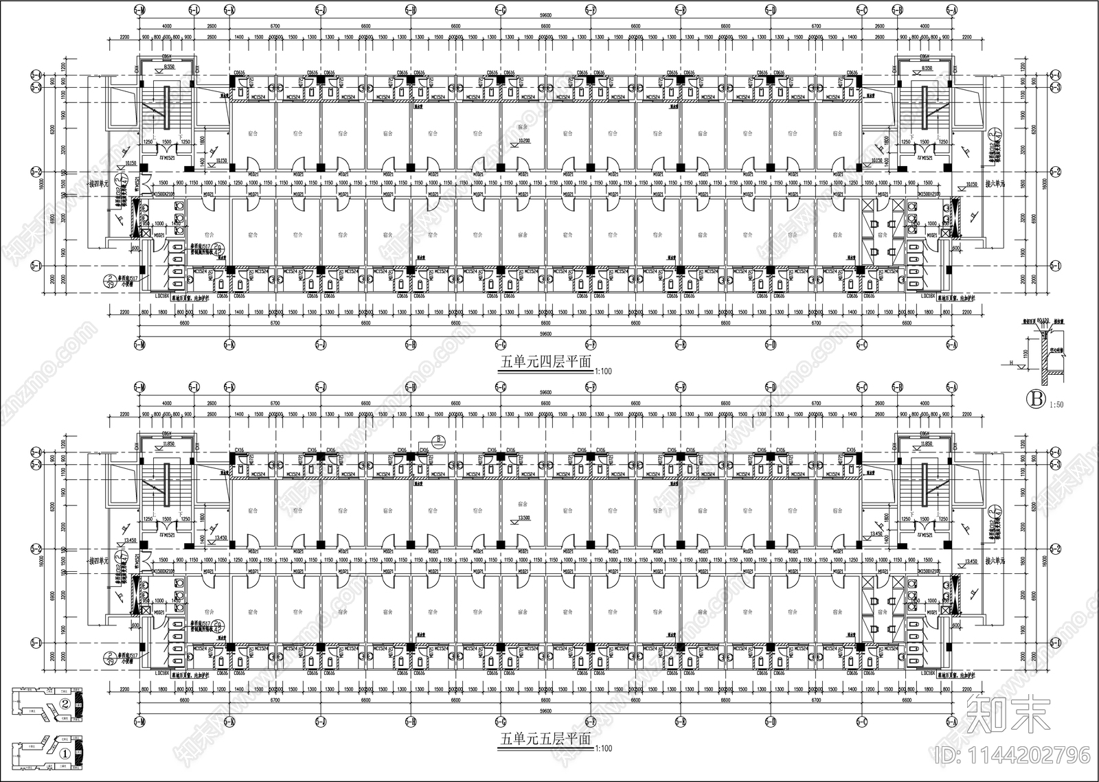 某大学学生宿舍楼建筑平面图cad施工图下载【ID:1144202796】