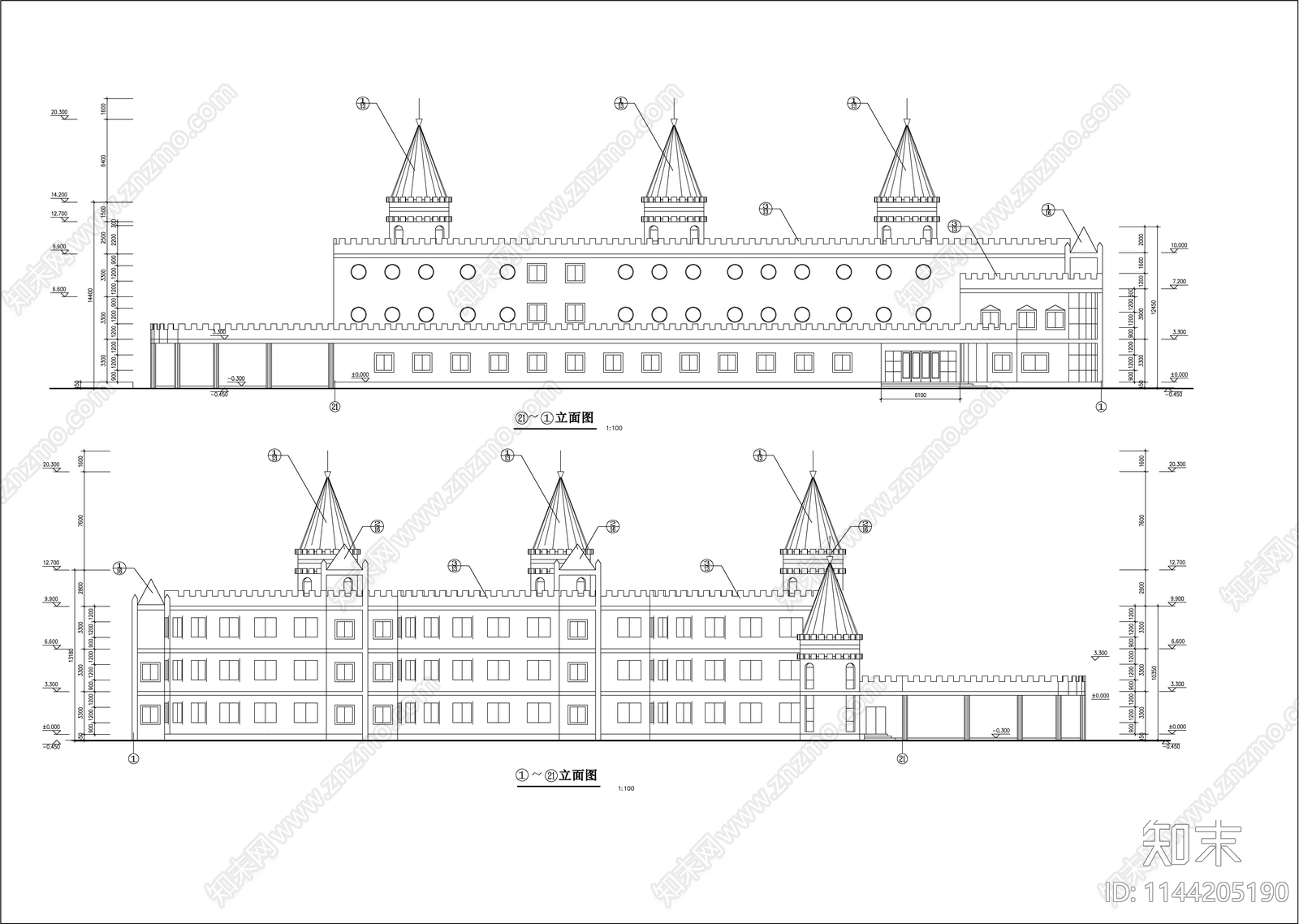 欧式城堡幼儿园建筑cad施工图下载【ID:1144205190】