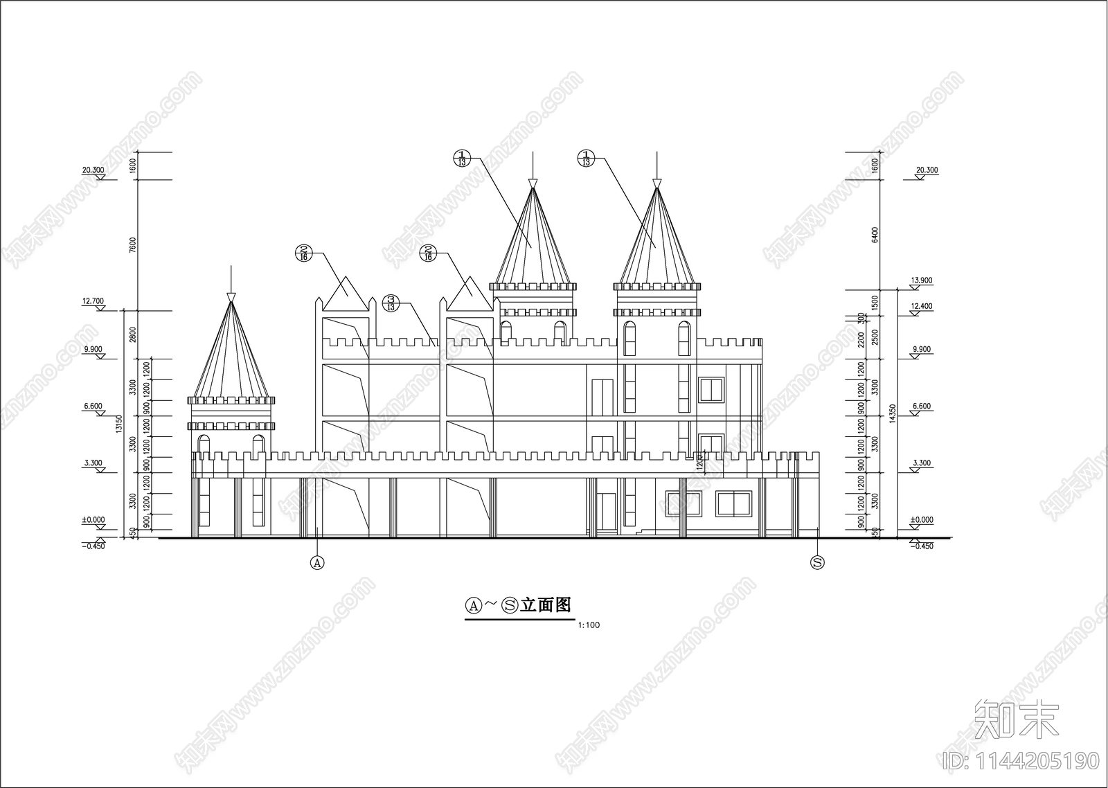 欧式城堡幼儿园建筑cad施工图下载【ID:1144205190】