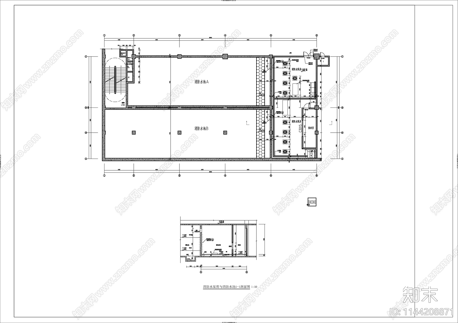 消防泵房大样cad施工图下载【ID:1144208871】