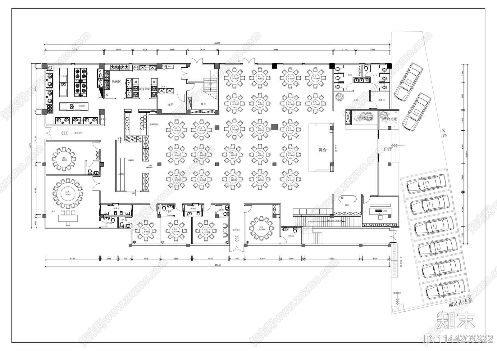 中式酒楼平面布置图cad施工图下载【ID:1144209822】