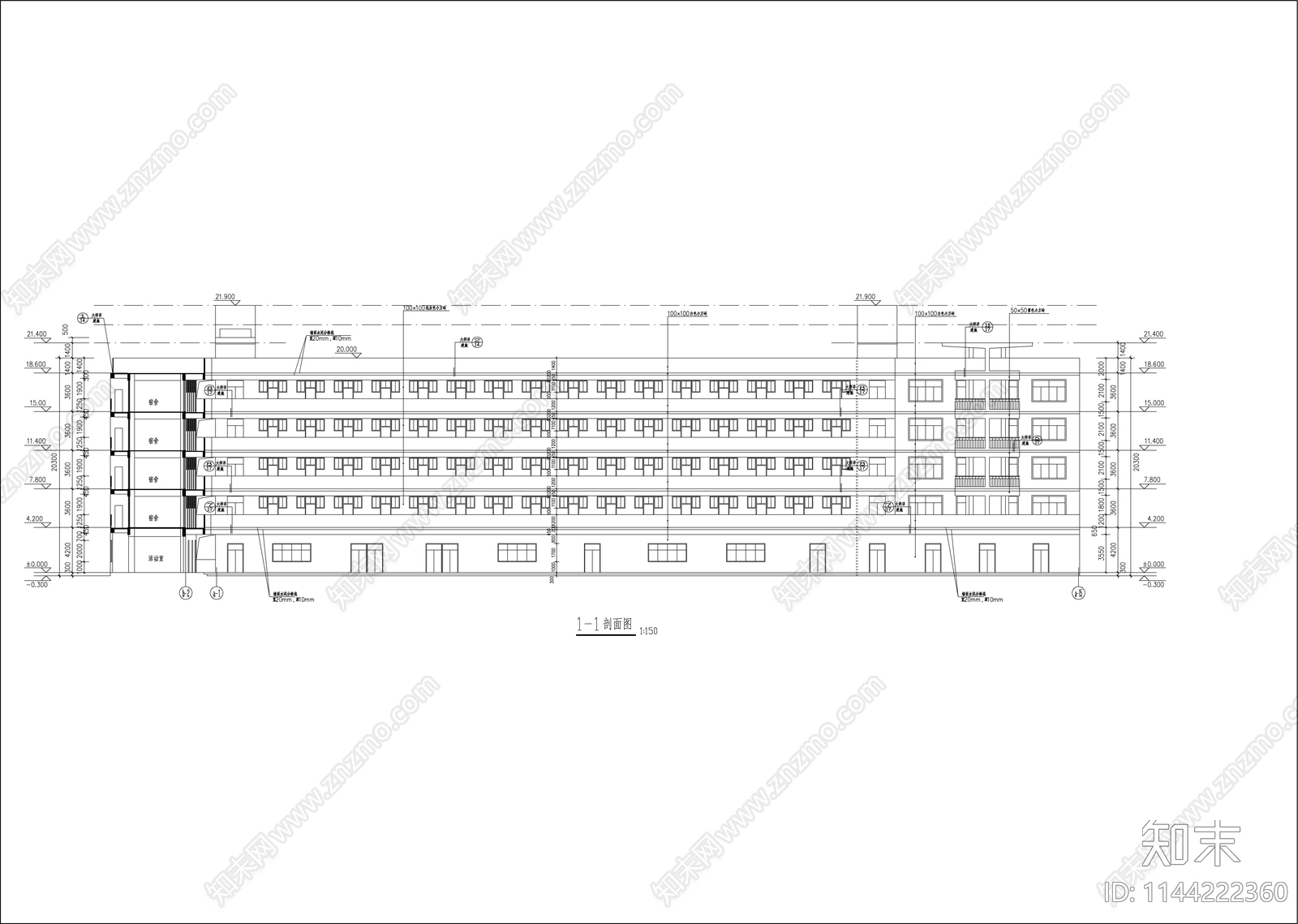 大学宿舍建筑cad施工图下载【ID:1144222360】