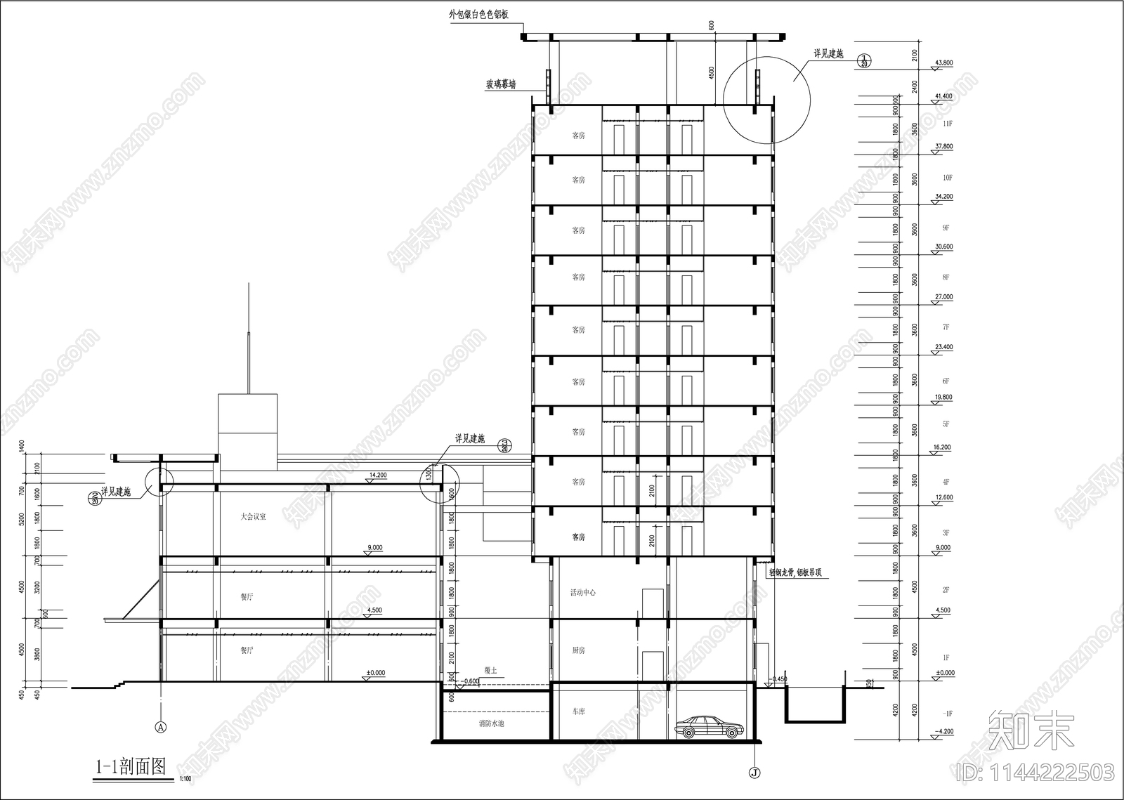 党校学员公寓建筑cad施工图下载【ID:1144222503】