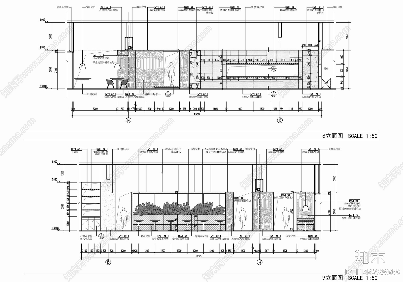 600㎡中餐厅室内cad施工图下载【ID:1144228663】