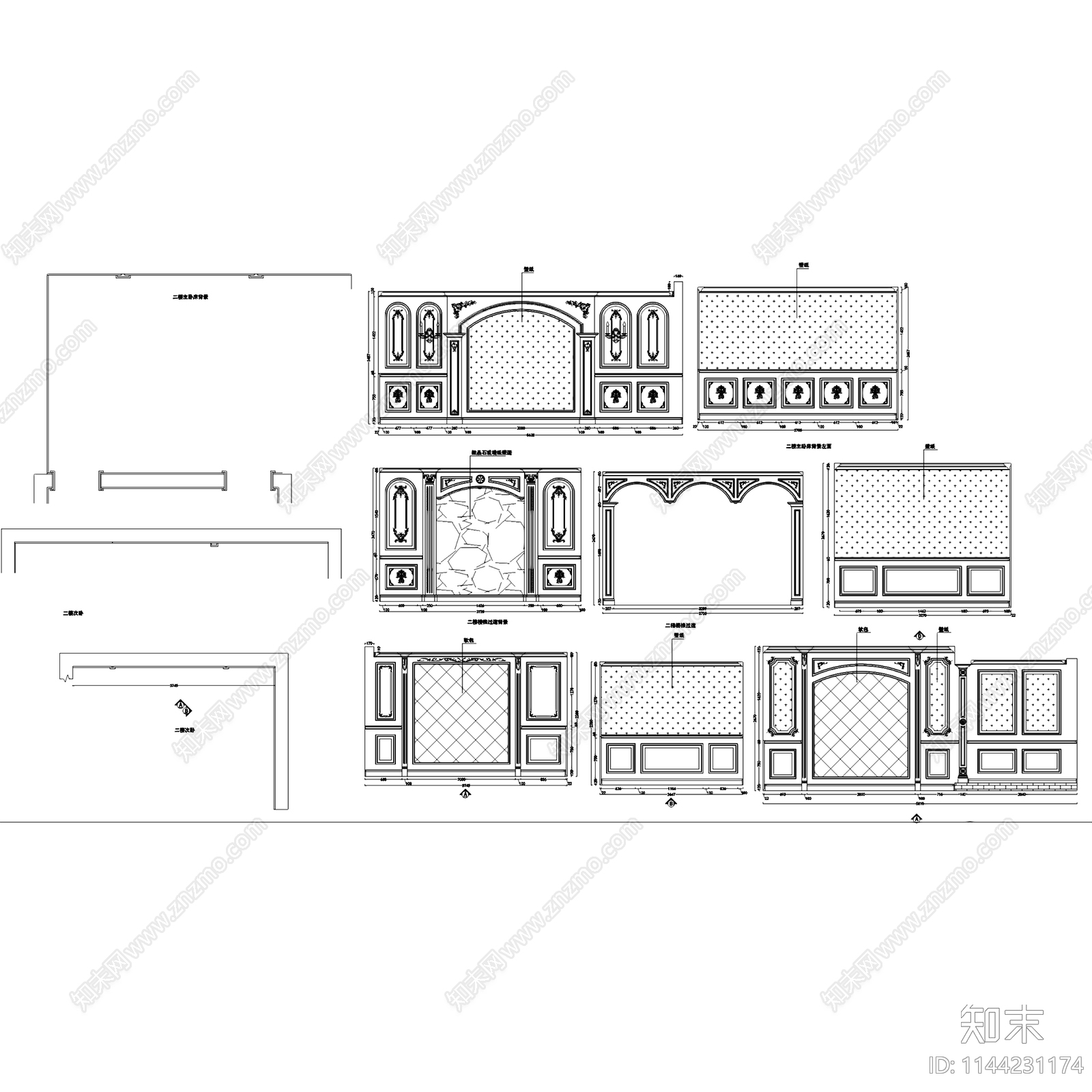 法式整木墙板背景墙cad施工图下载【ID:1144231174】
