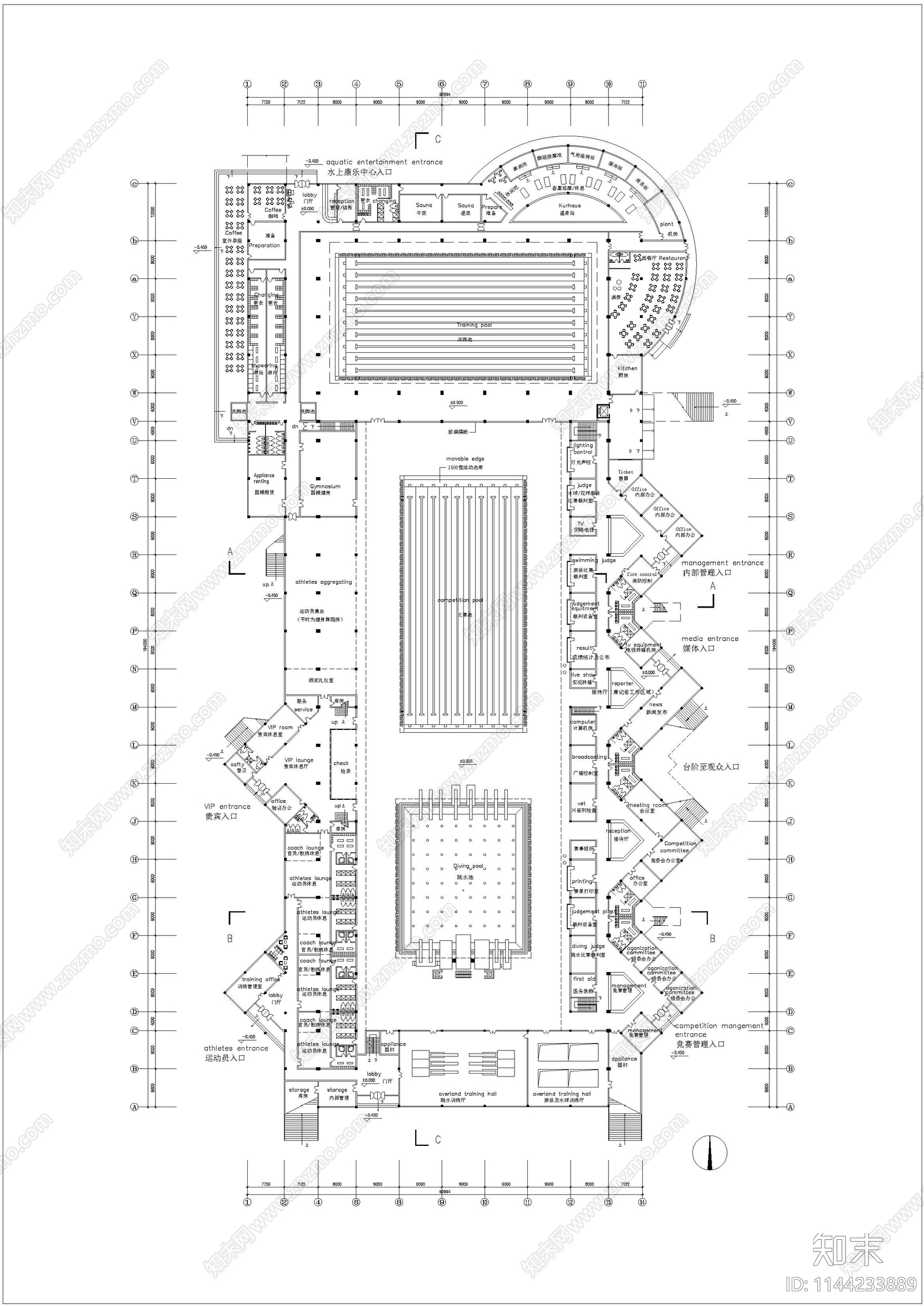 游泳馆建筑cad施工图下载【ID:1144233889】