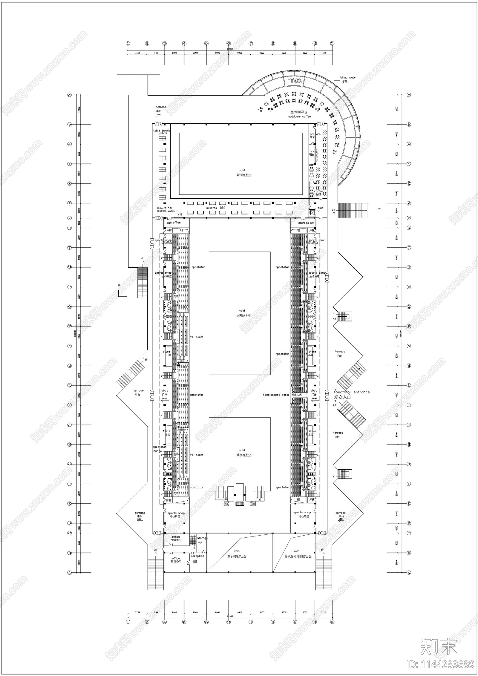 游泳馆建筑cad施工图下载【ID:1144233889】