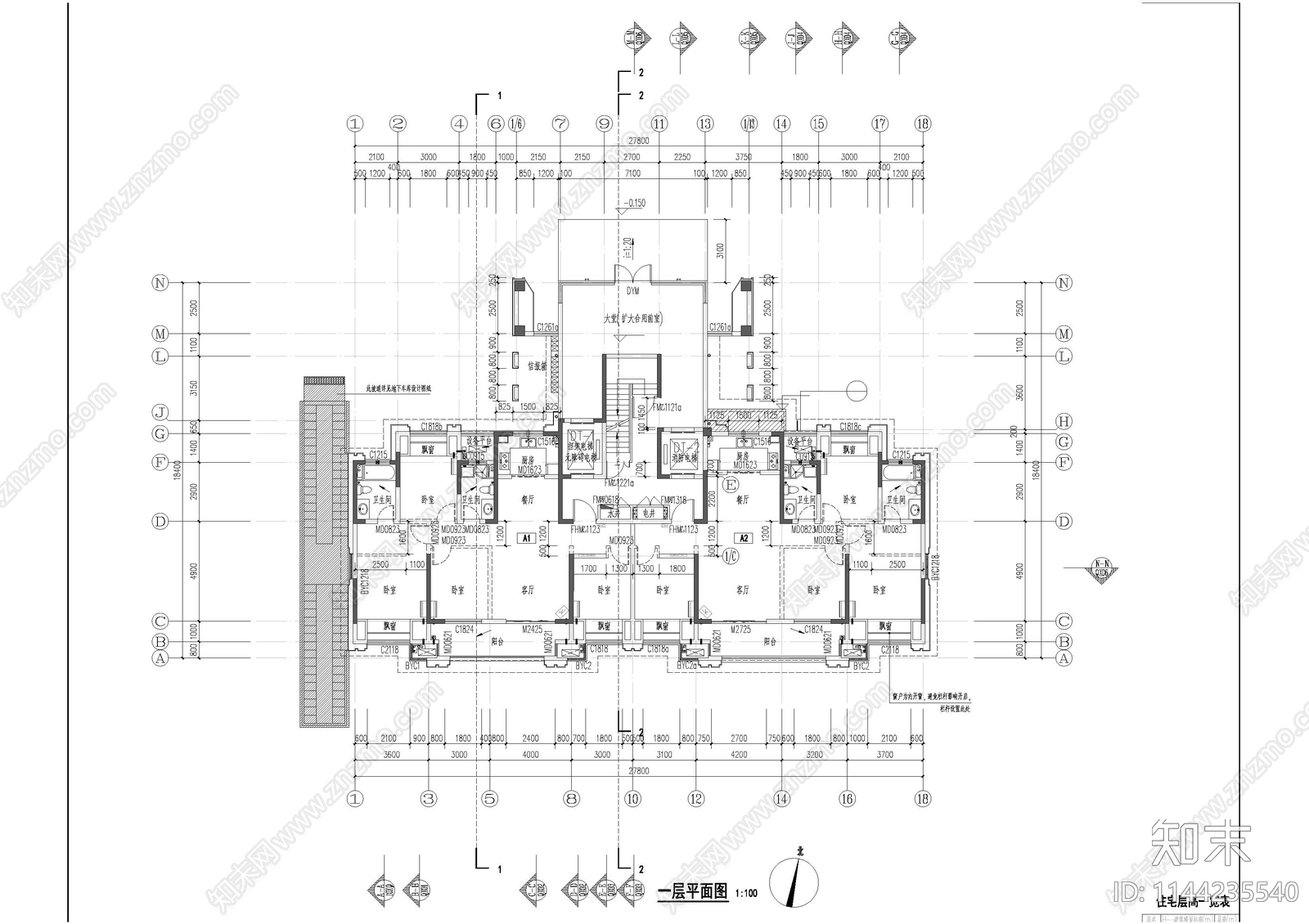 高层塔楼住宅建筑cad施工图下载【ID:1144235540】