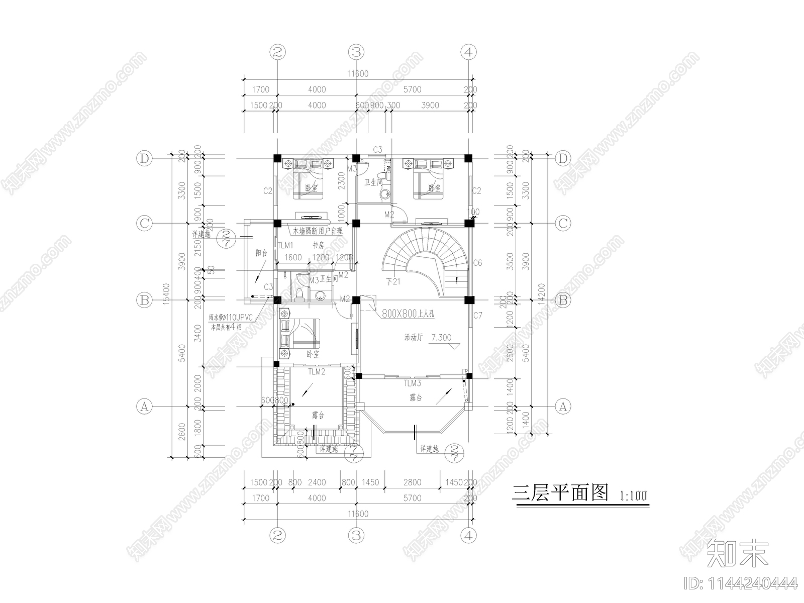 简欧别墅建筑cad施工图下载【ID:1144240444】