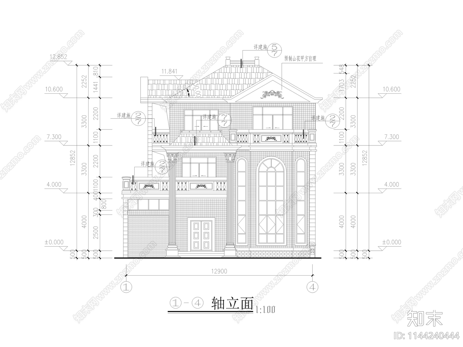 简欧别墅建筑cad施工图下载【ID:1144240444】