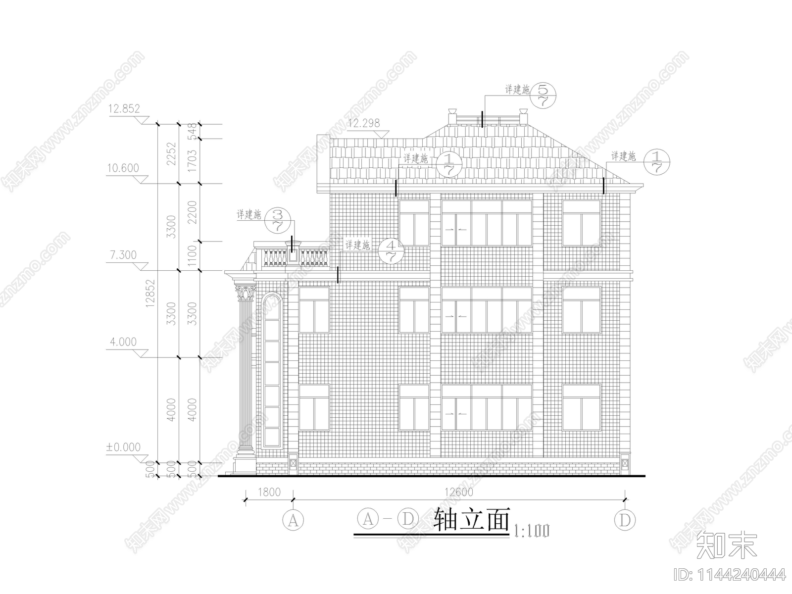 简欧别墅建筑cad施工图下载【ID:1144240444】