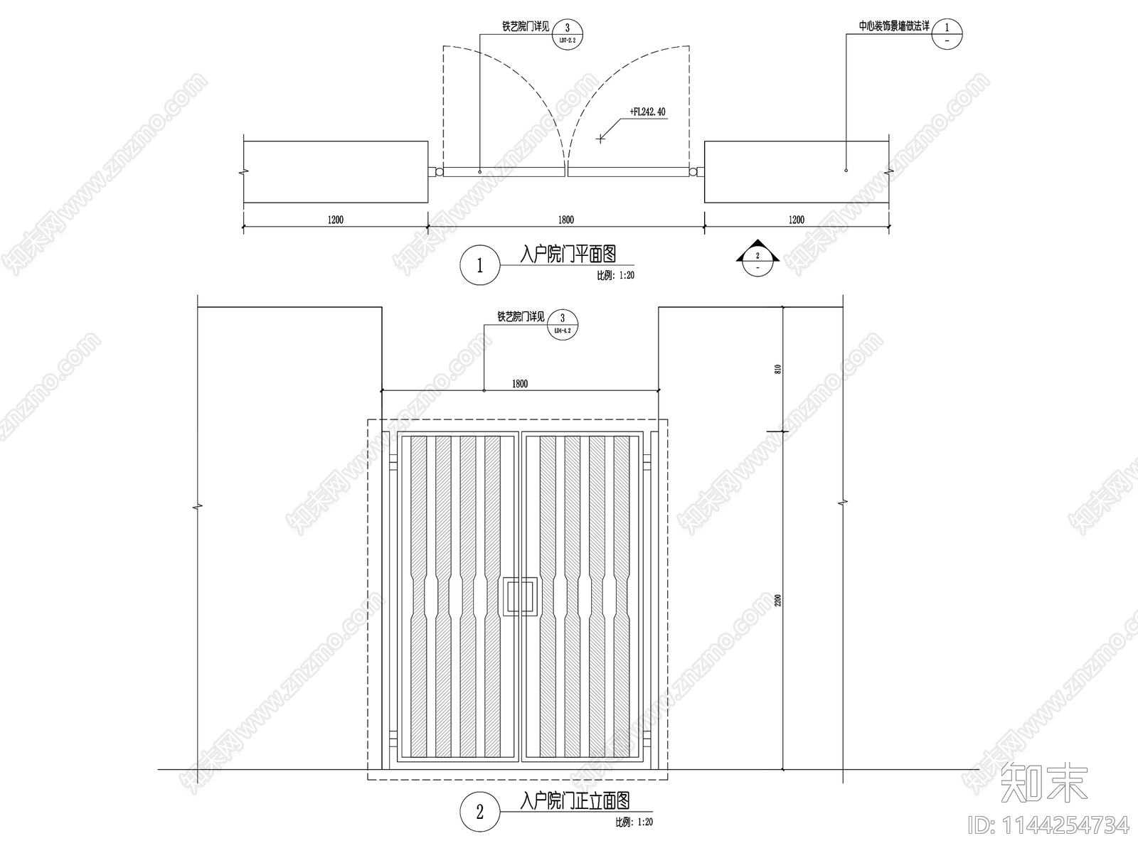 新中式入口铁艺大门详图cad施工图下载【ID:1144254734】