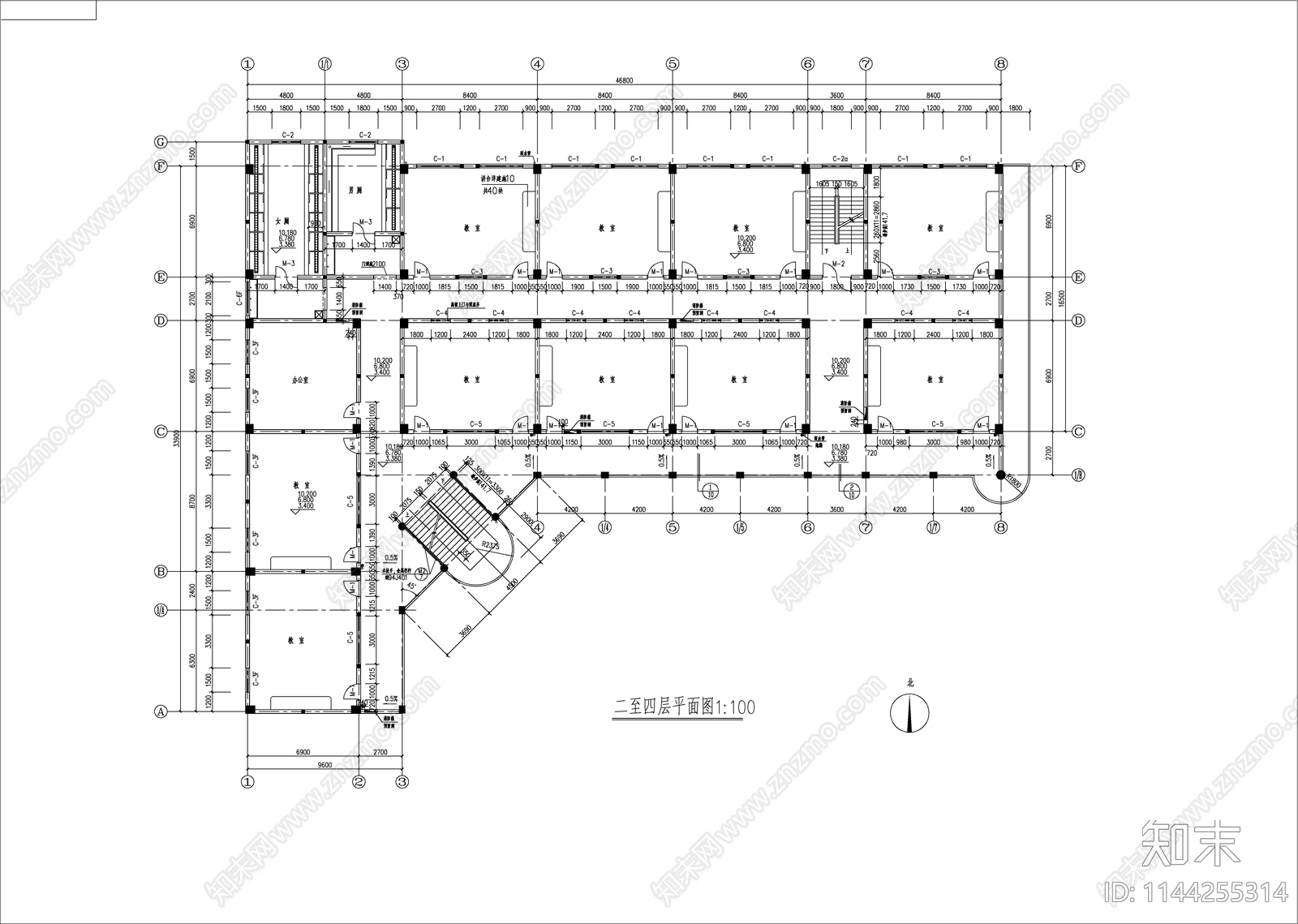 职校教学楼建筑cad施工图下载【ID:1144255314】